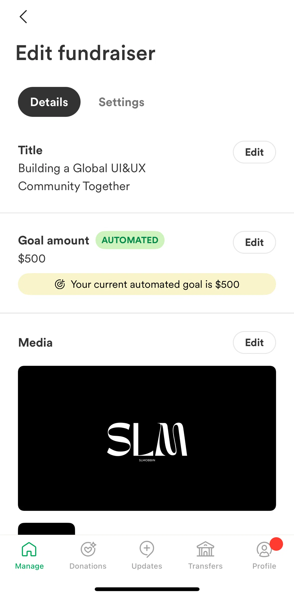 Gofundme Screen screen in the Editing a fundraiser flow