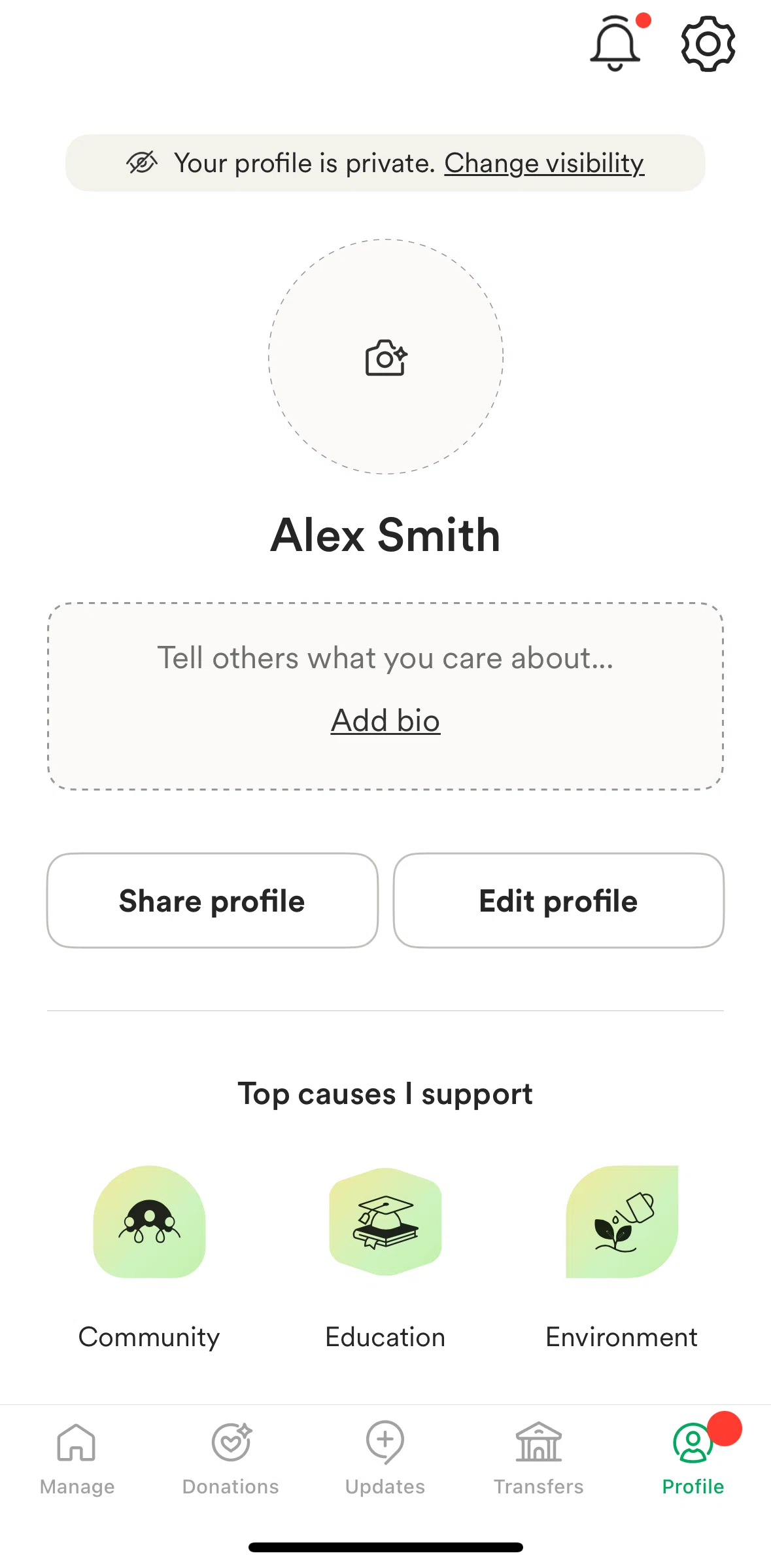 Gofundme Screen screen in the Editing a profile flow
