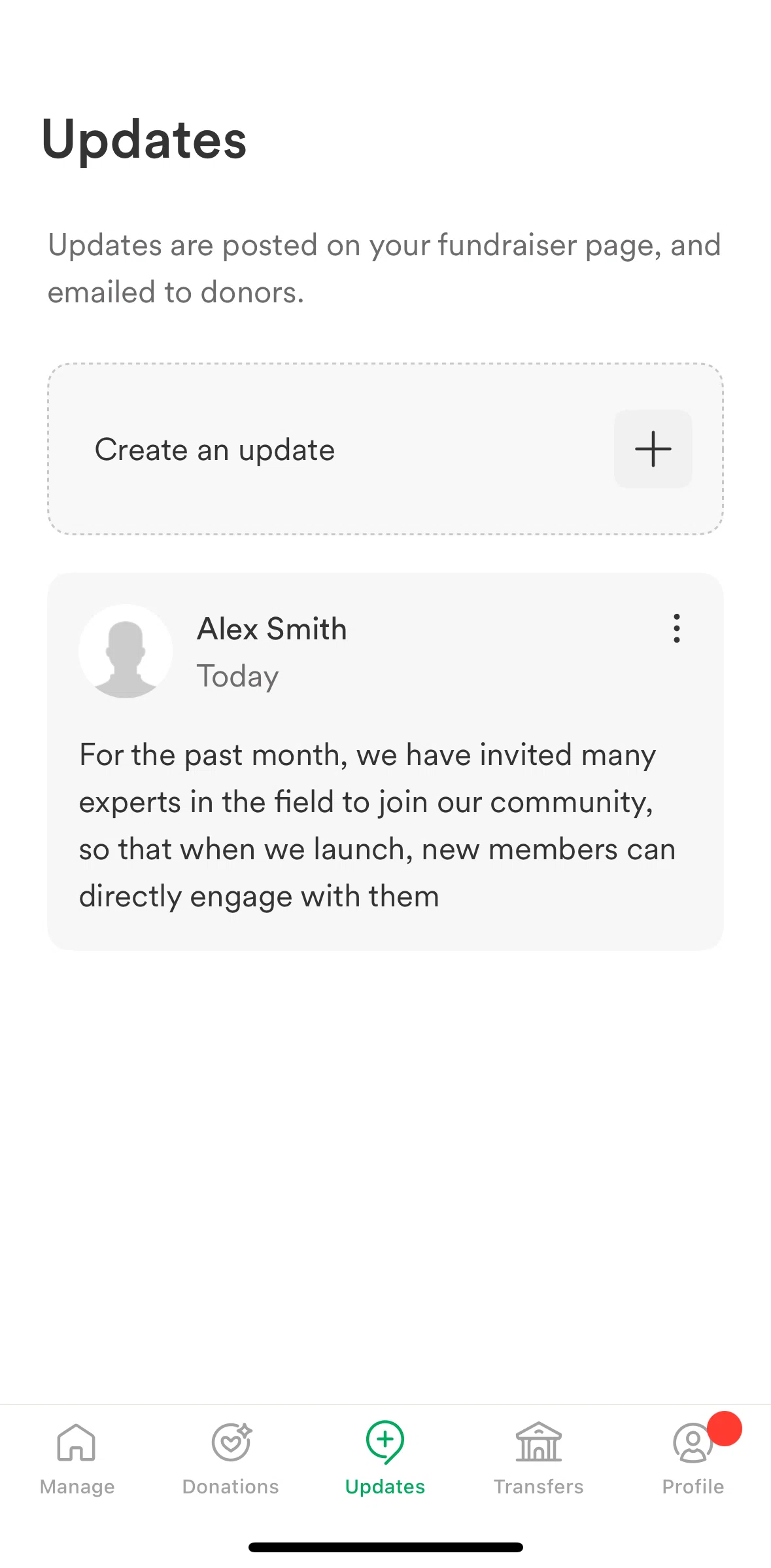 Gofundme Screen screen in the Editing an update flow