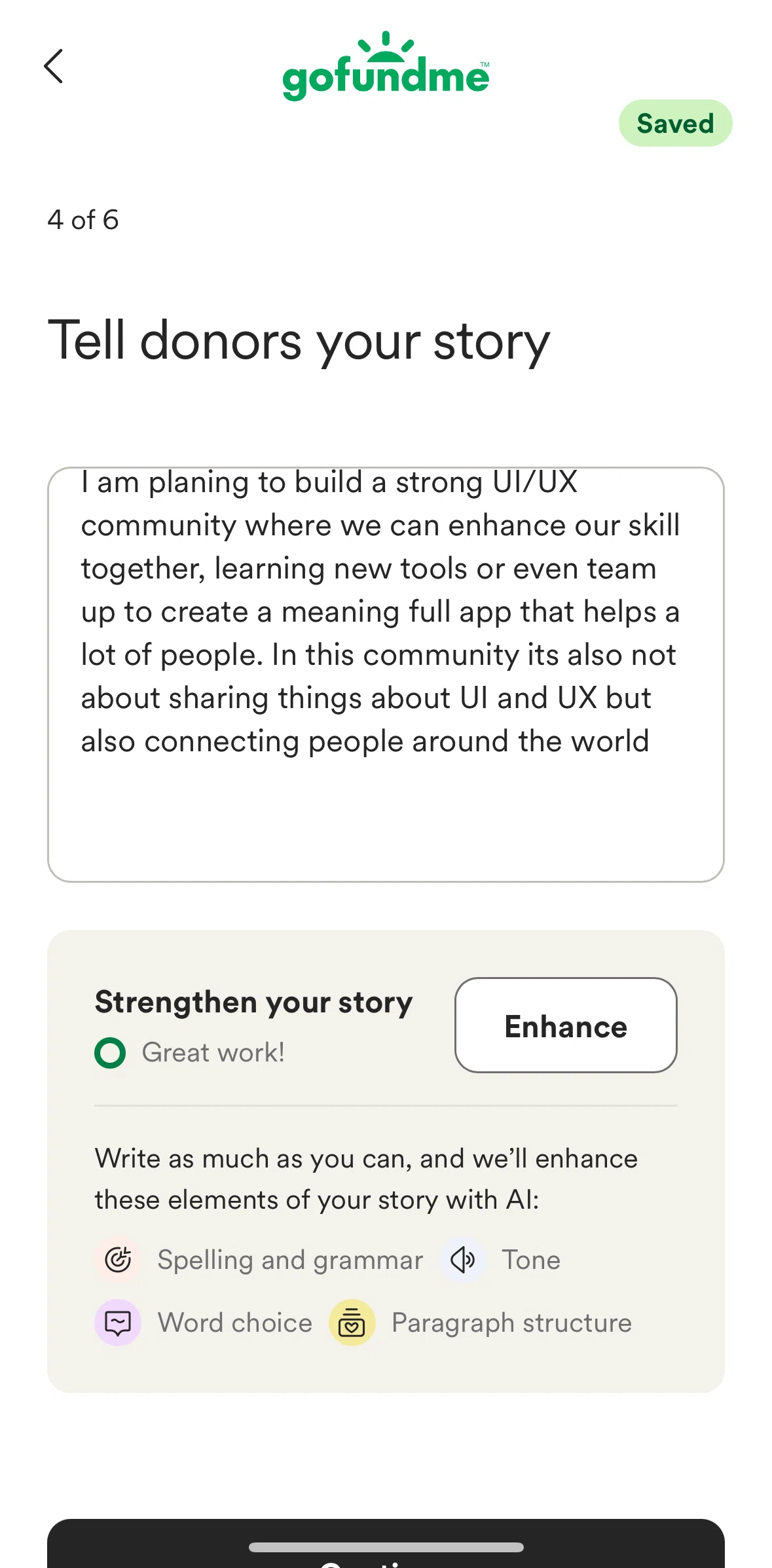Gofundme Screen screen in the Enhancing story using AI flow