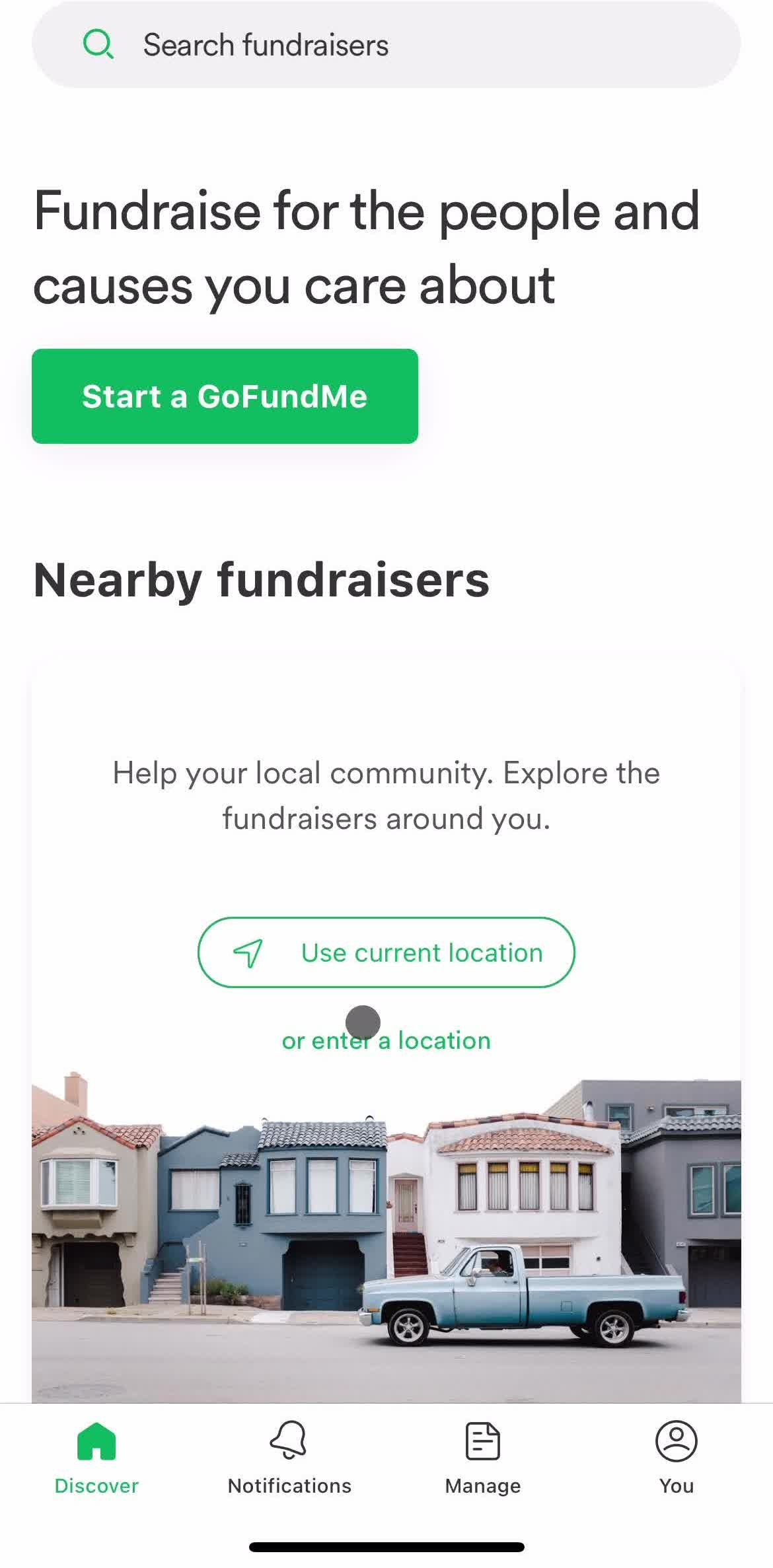 Gofundme Home screen in the General Browsing flow