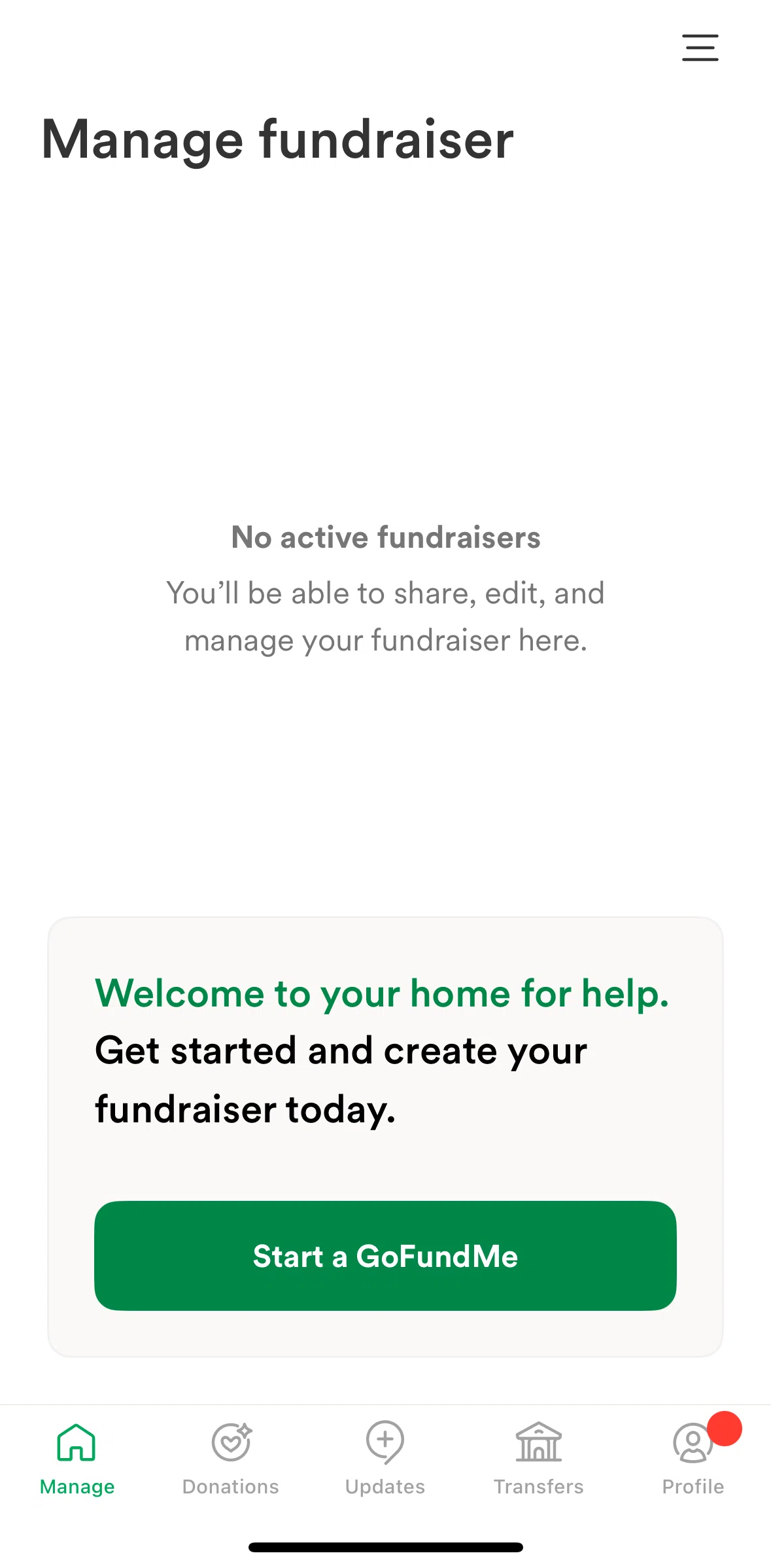 Gofundme Screen screen in the Home flow