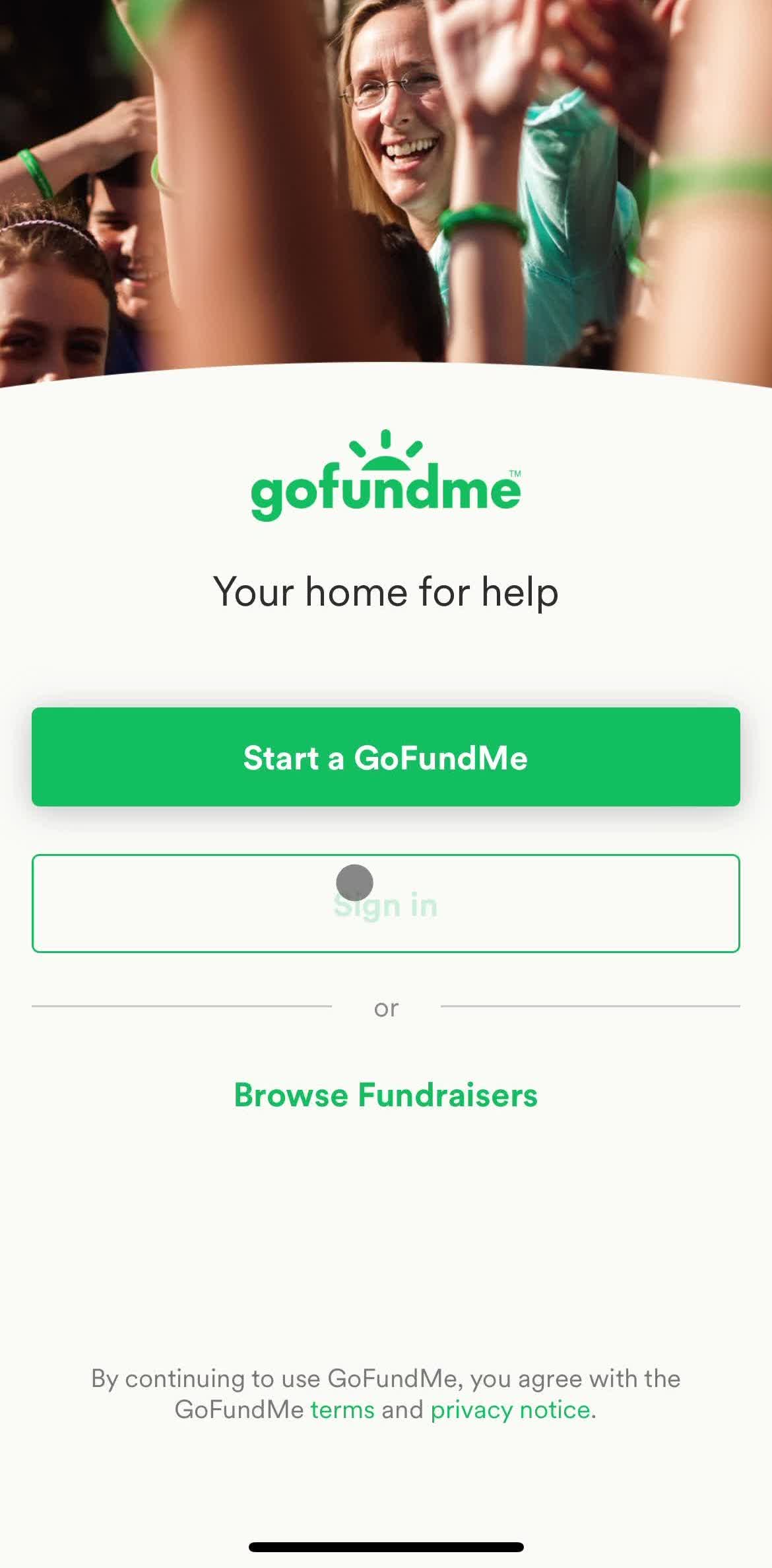 Gofundme Get started screen in the Logging In flow