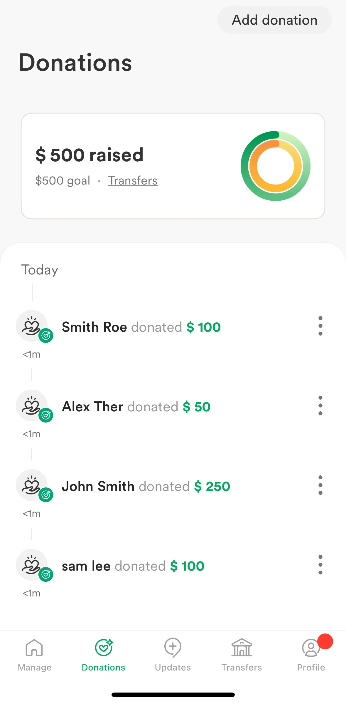 Gofundme Screen screen in the Making a donation anonymous flow