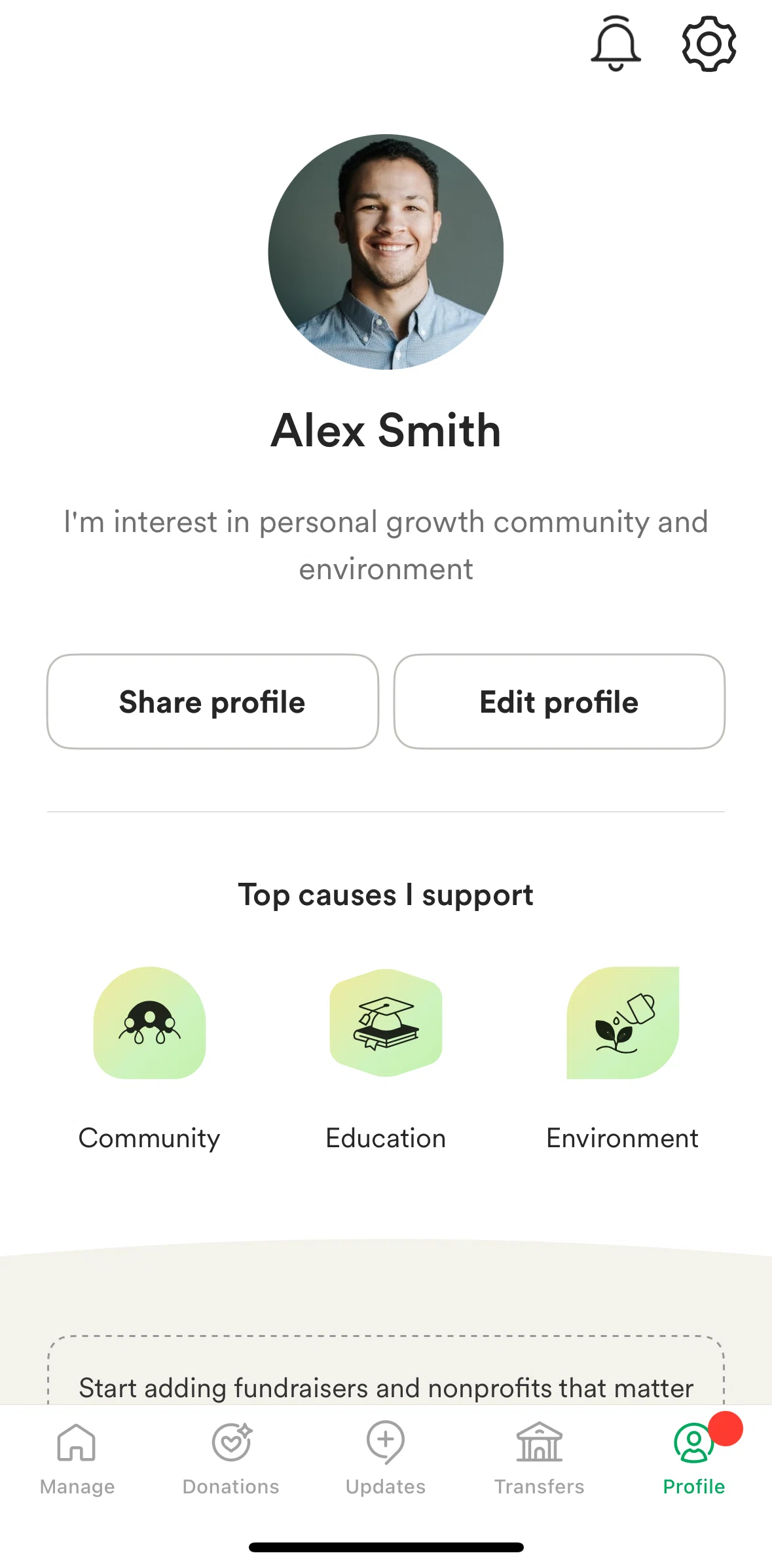 Gofundme Screen screen in the Notifications flow