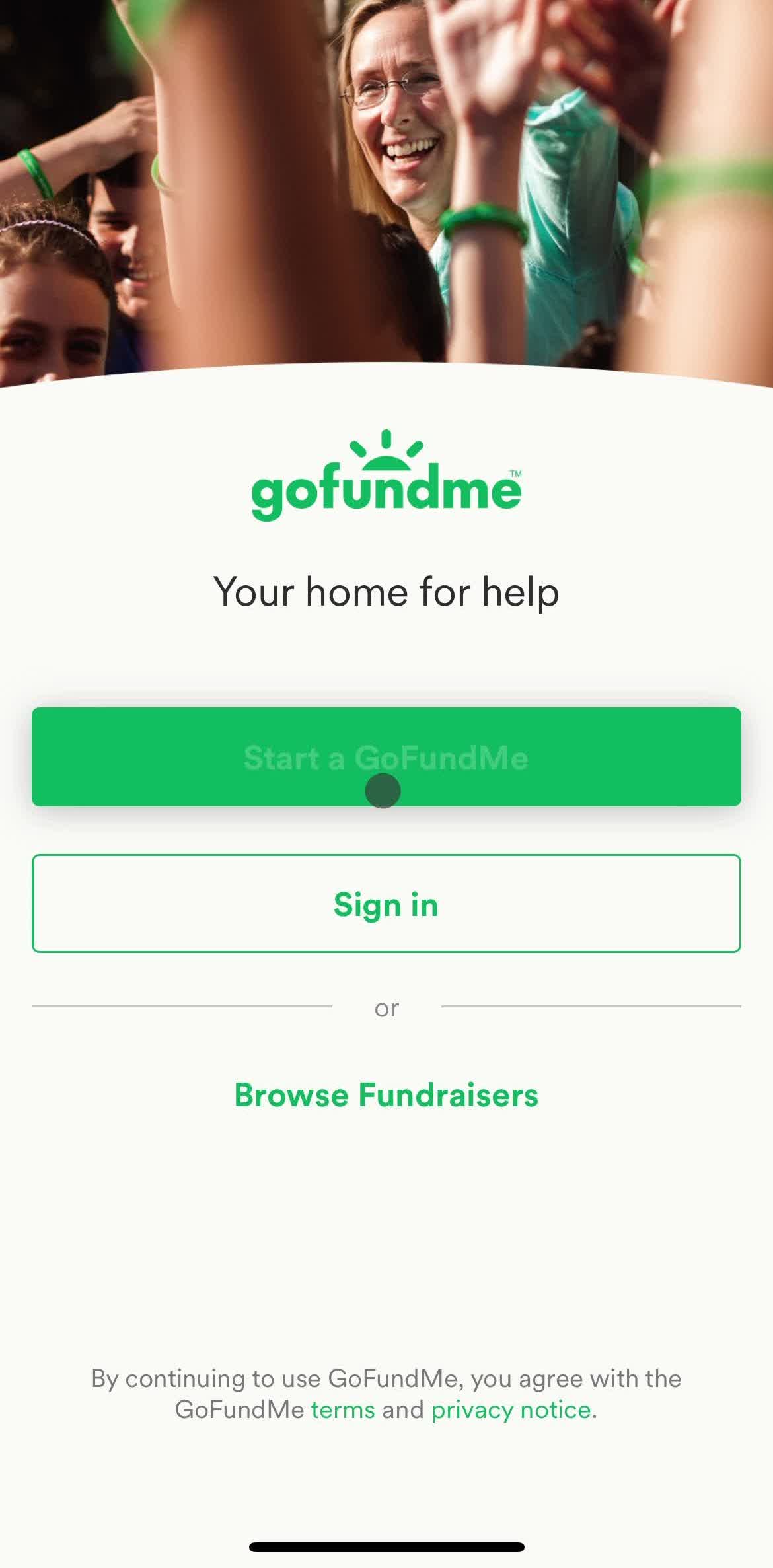 Gofundme Get started screen in the Onboarding flow