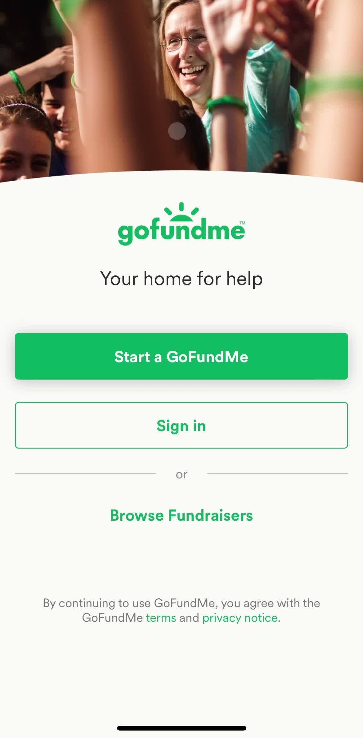 Gofundme Splash screen screen in the Onboarding flow