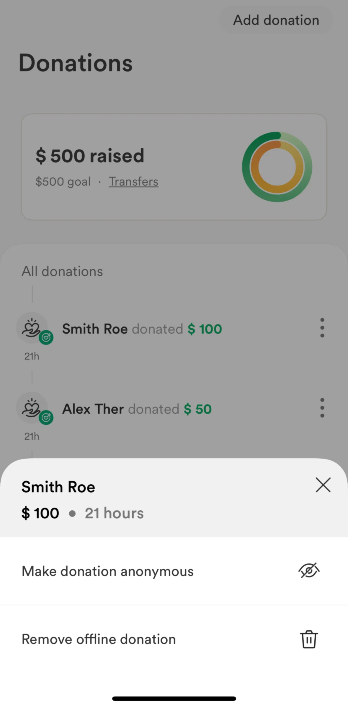 Gofundme Screen screen in the Removing offline donation flow
