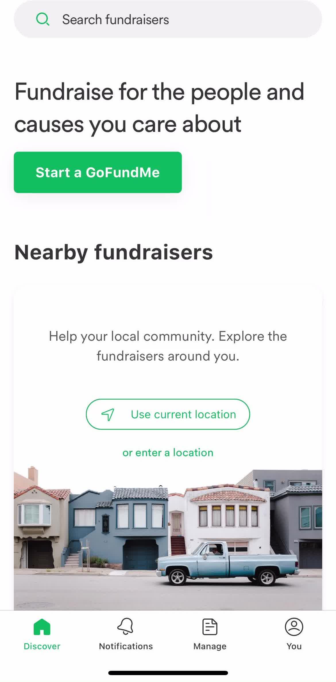 Gofundme Home screen in the Reporting A Fundraiser flow
