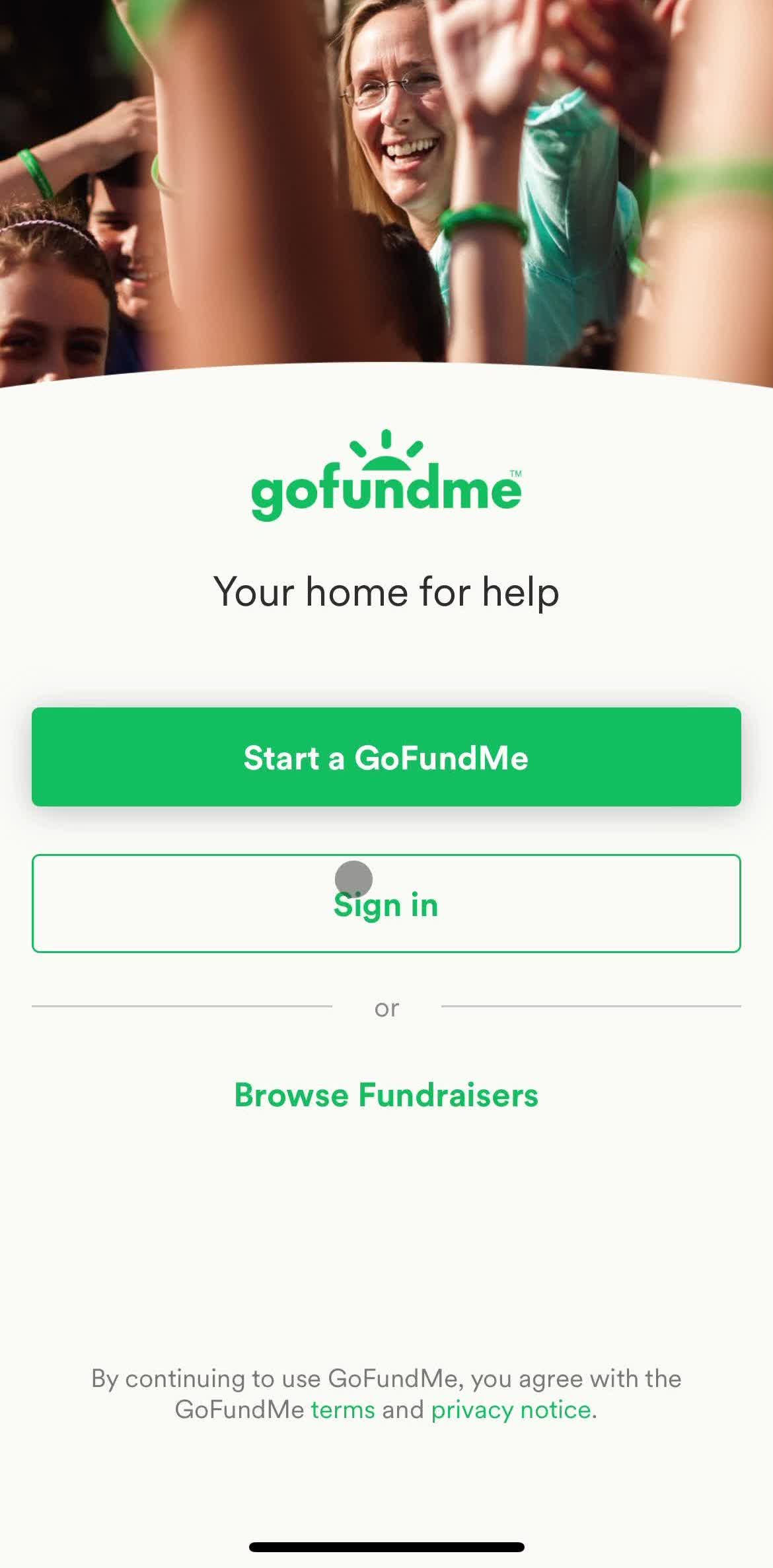 Gofundme Get started screen in the Resetting Password flow
