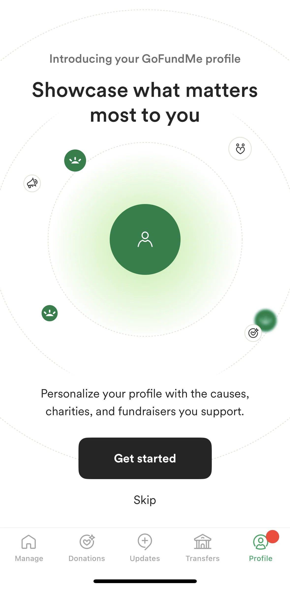 Gofundme Screen screen in the Setting up a profile flow