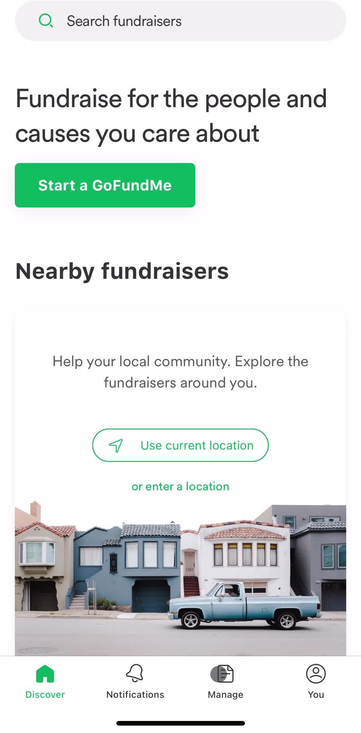 Gofundme Home screen in the Starting A Fundraiser flow