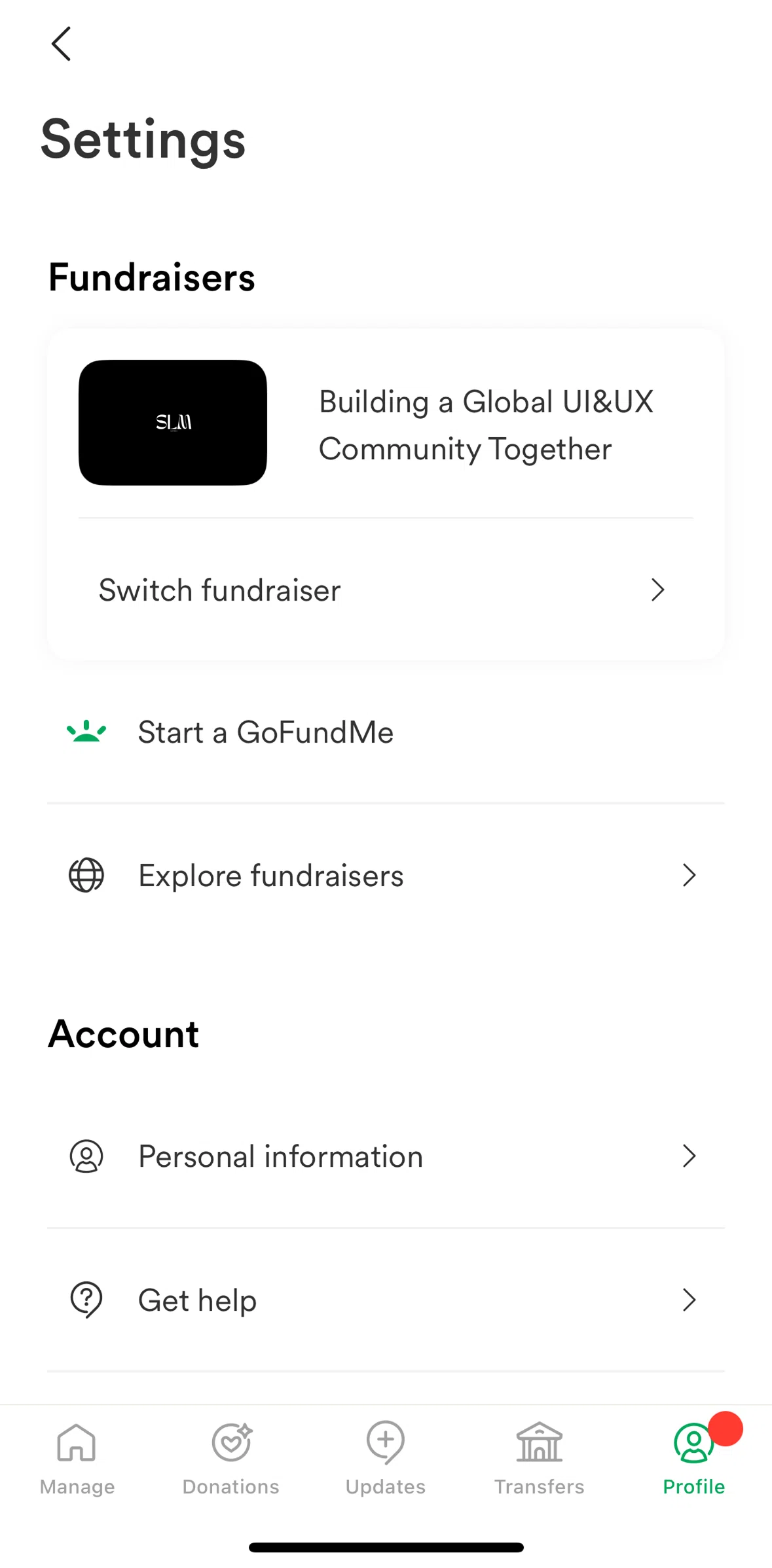 Gofundme Screen screen in the Updating personal information flow