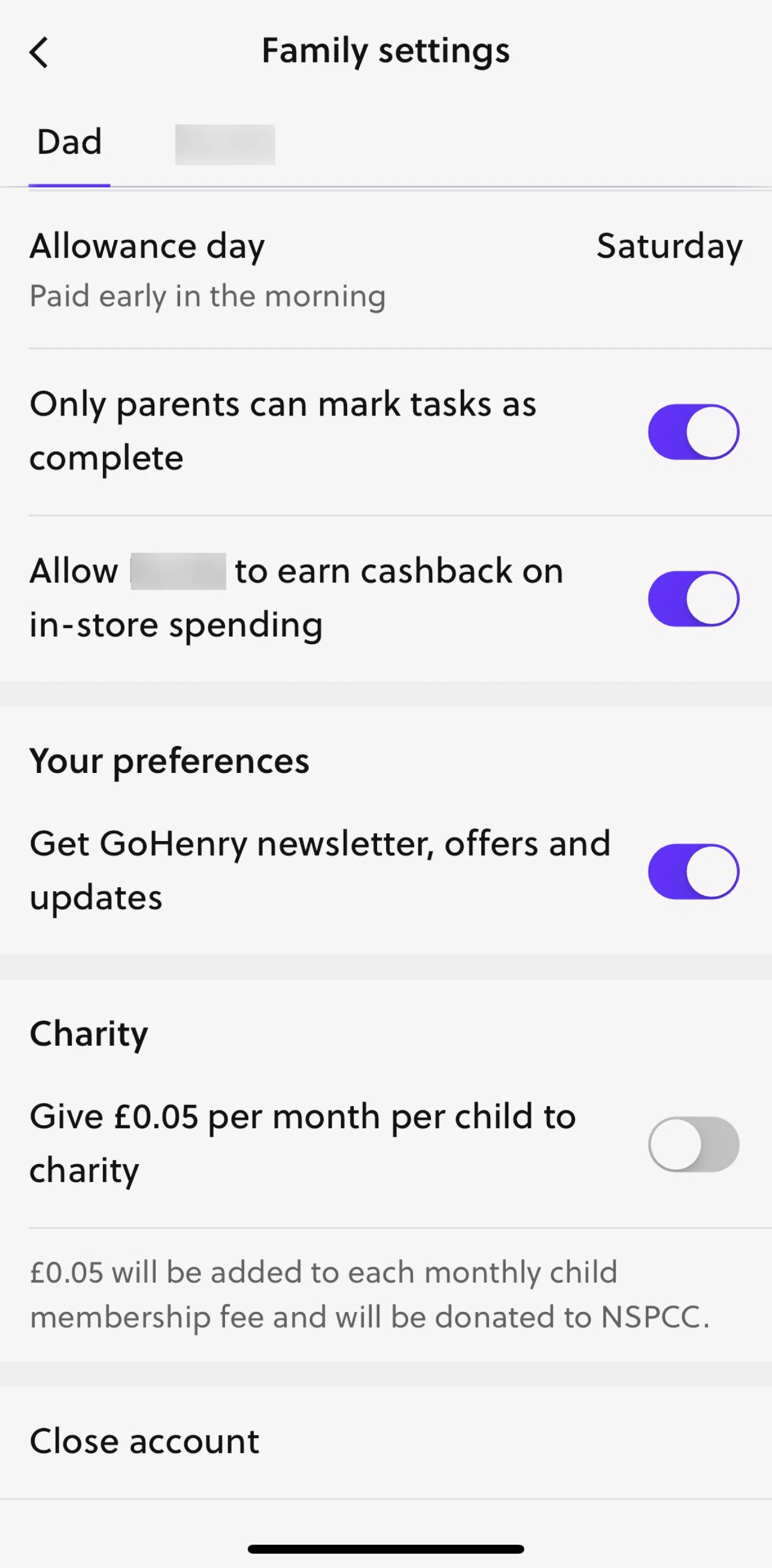 GoHenry Screen screen in the Close an account flow