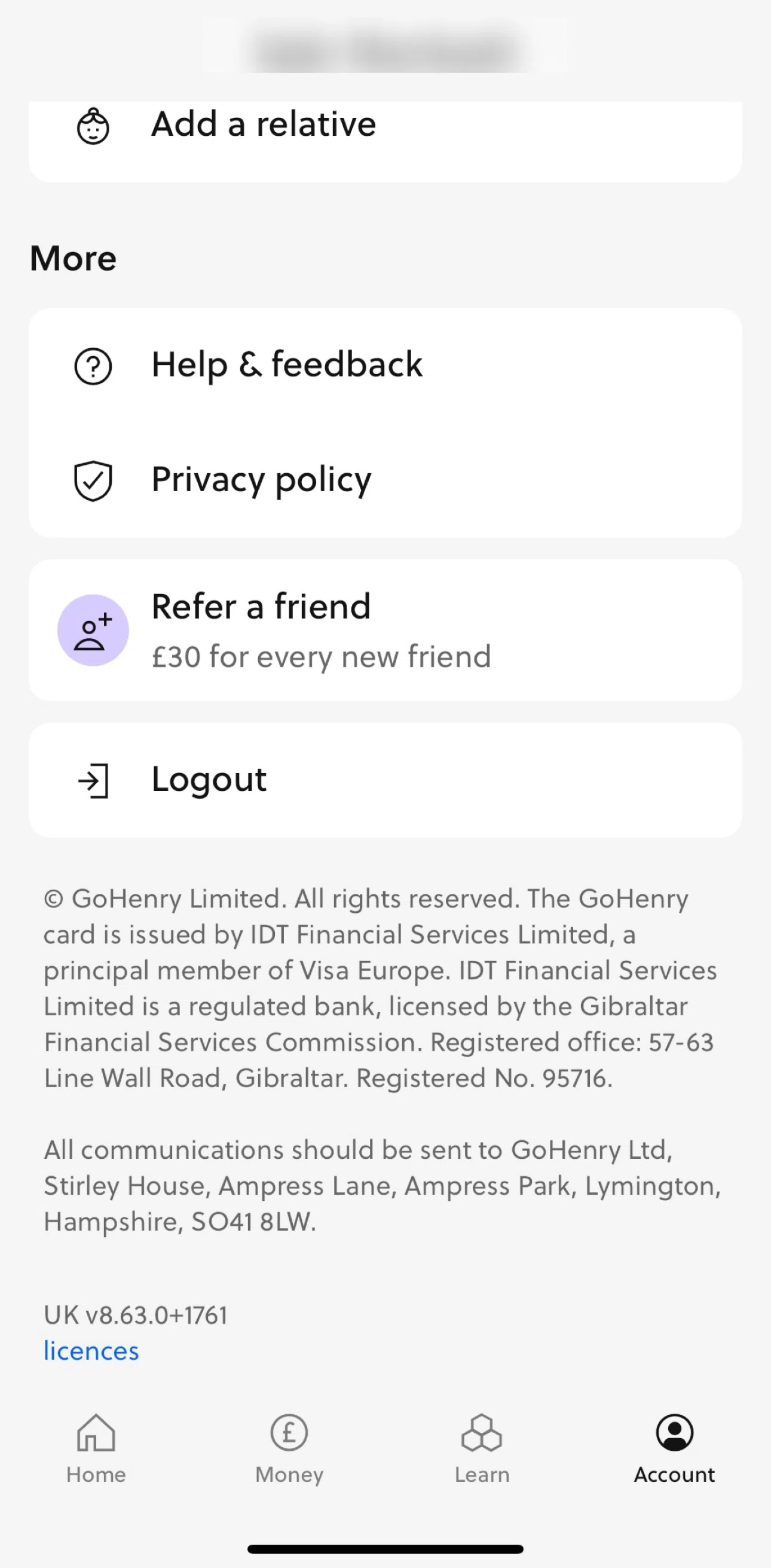 GoHenry Screen screen in the Logging out flow