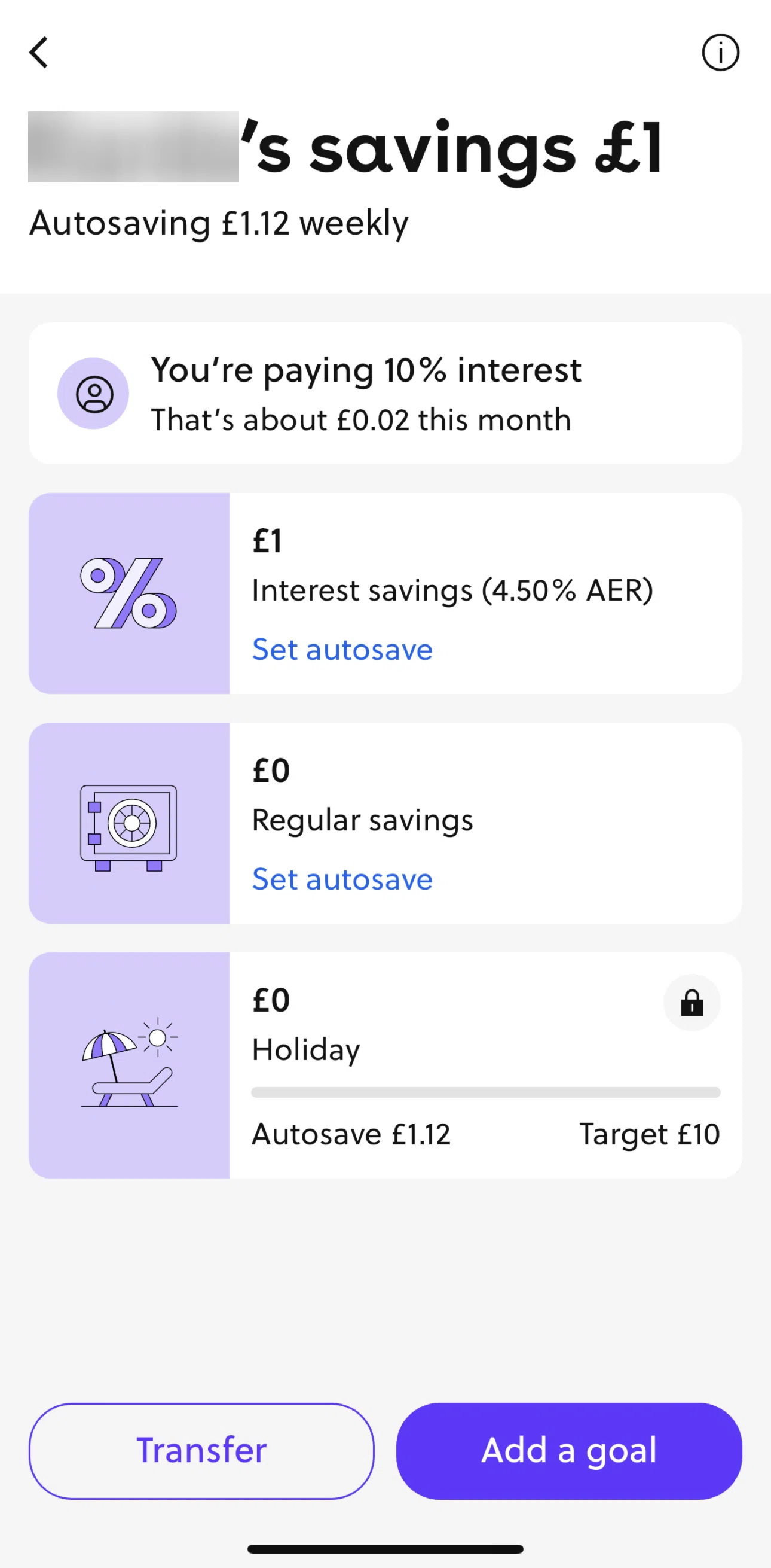 GoHenry Screen screen in the Transferring money to savings flow