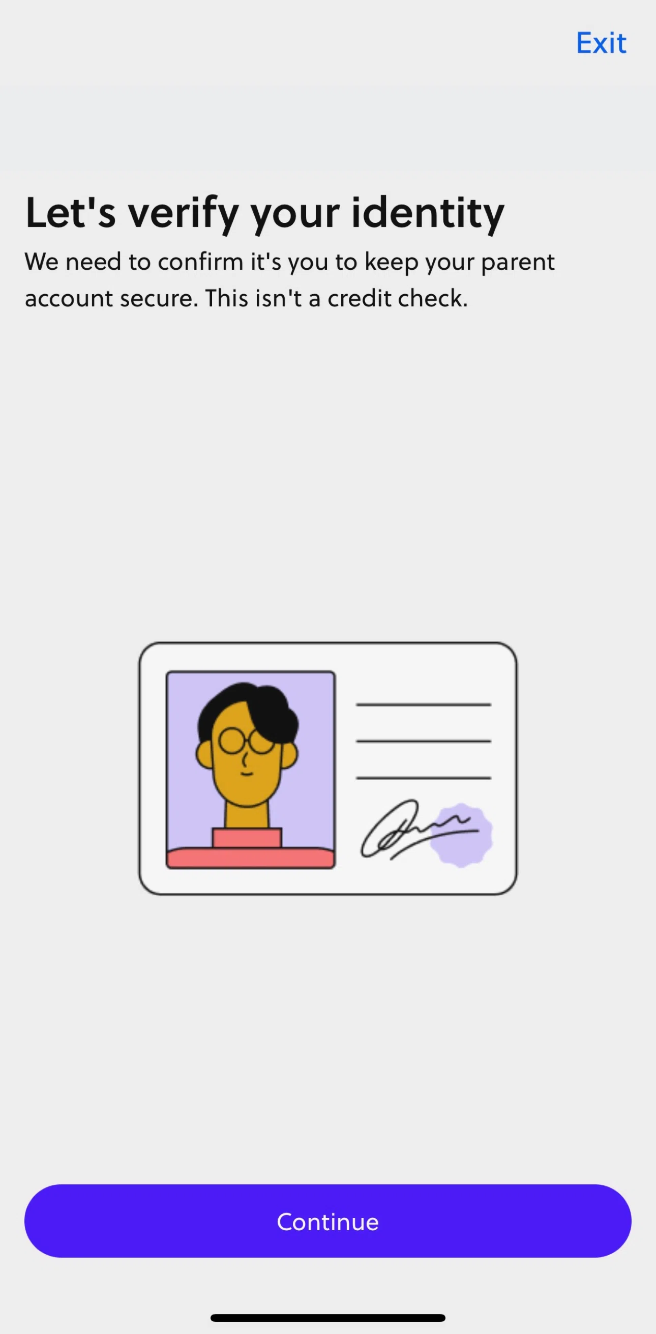 GoHenry Screen screen in the Verifying parent’s identity flow