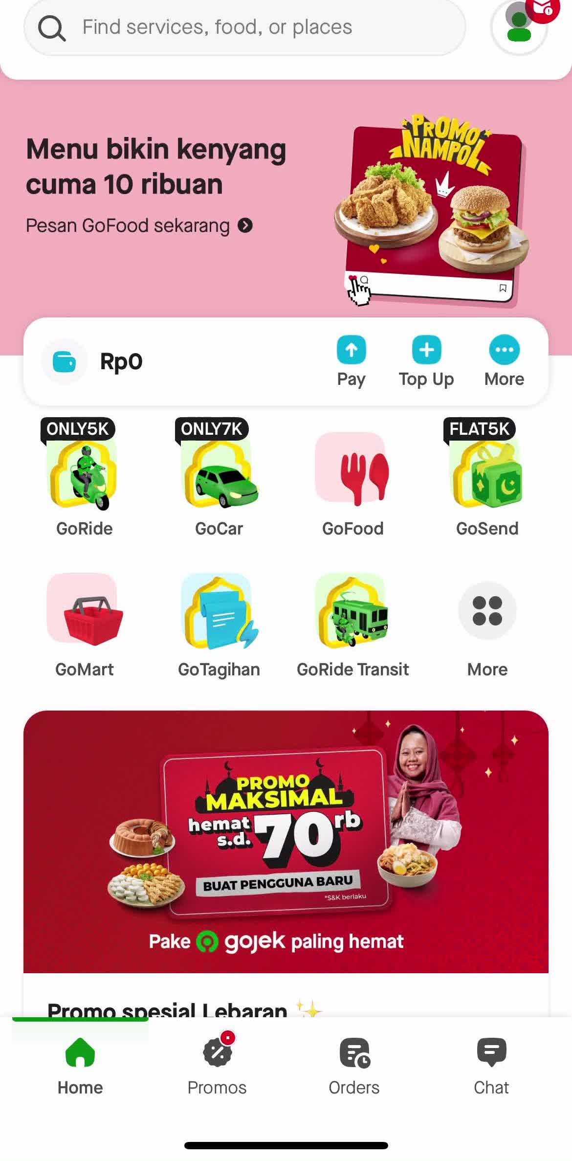 Gojek Home screen in the Settings flow