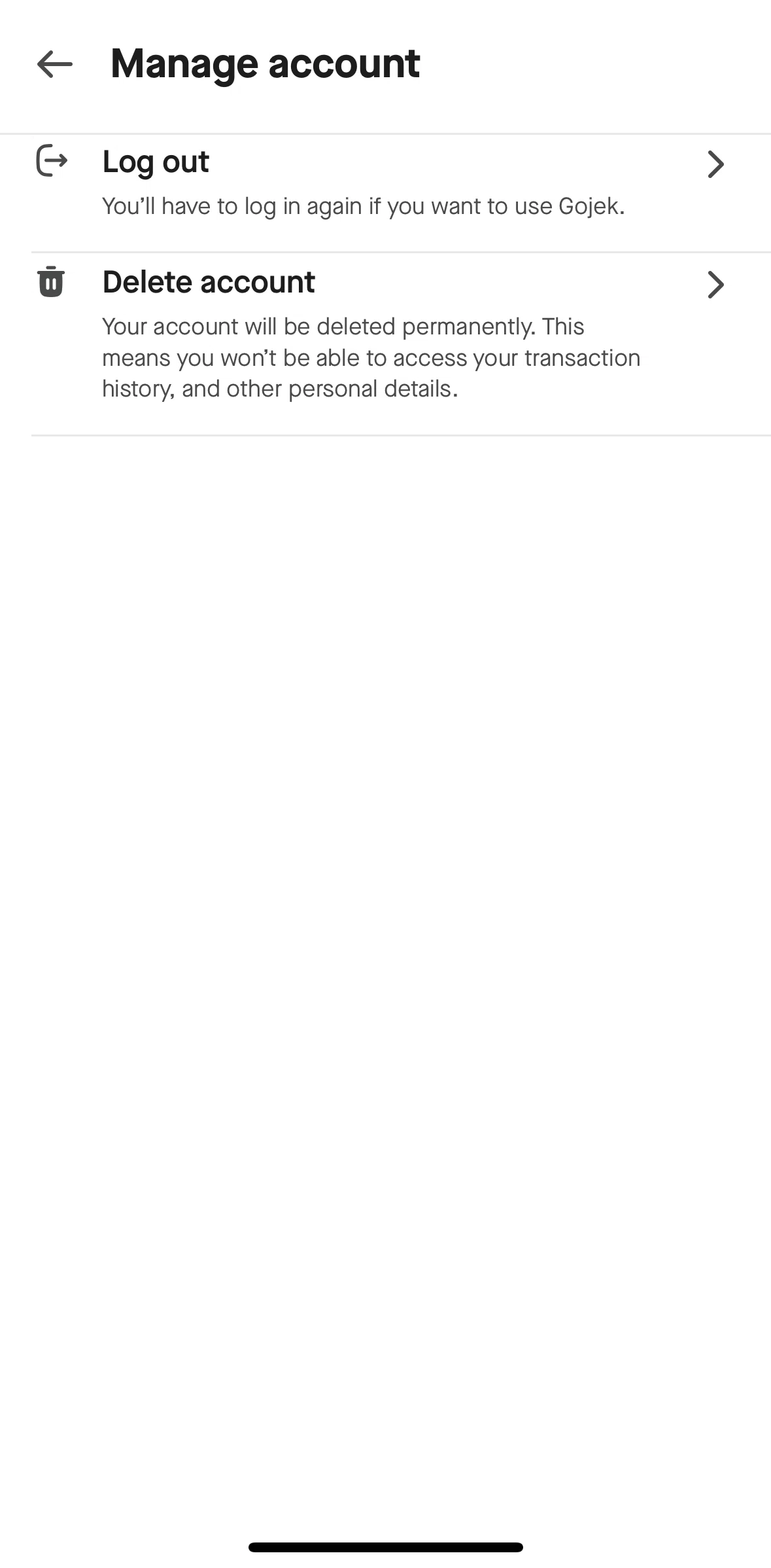 Gojek Screen screen in the Deleting account flow