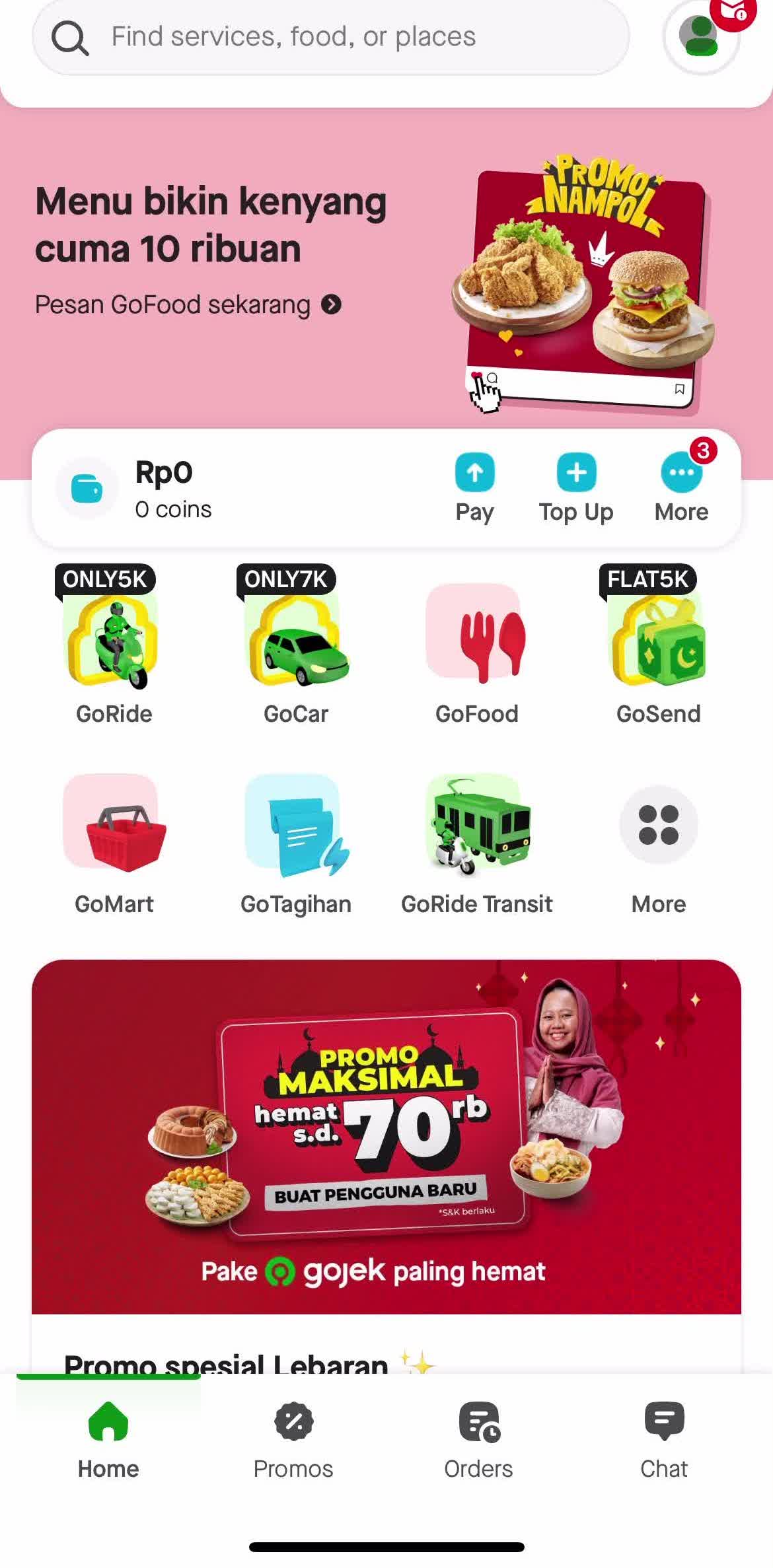 Gojek Home screen in the Logging Out flow
