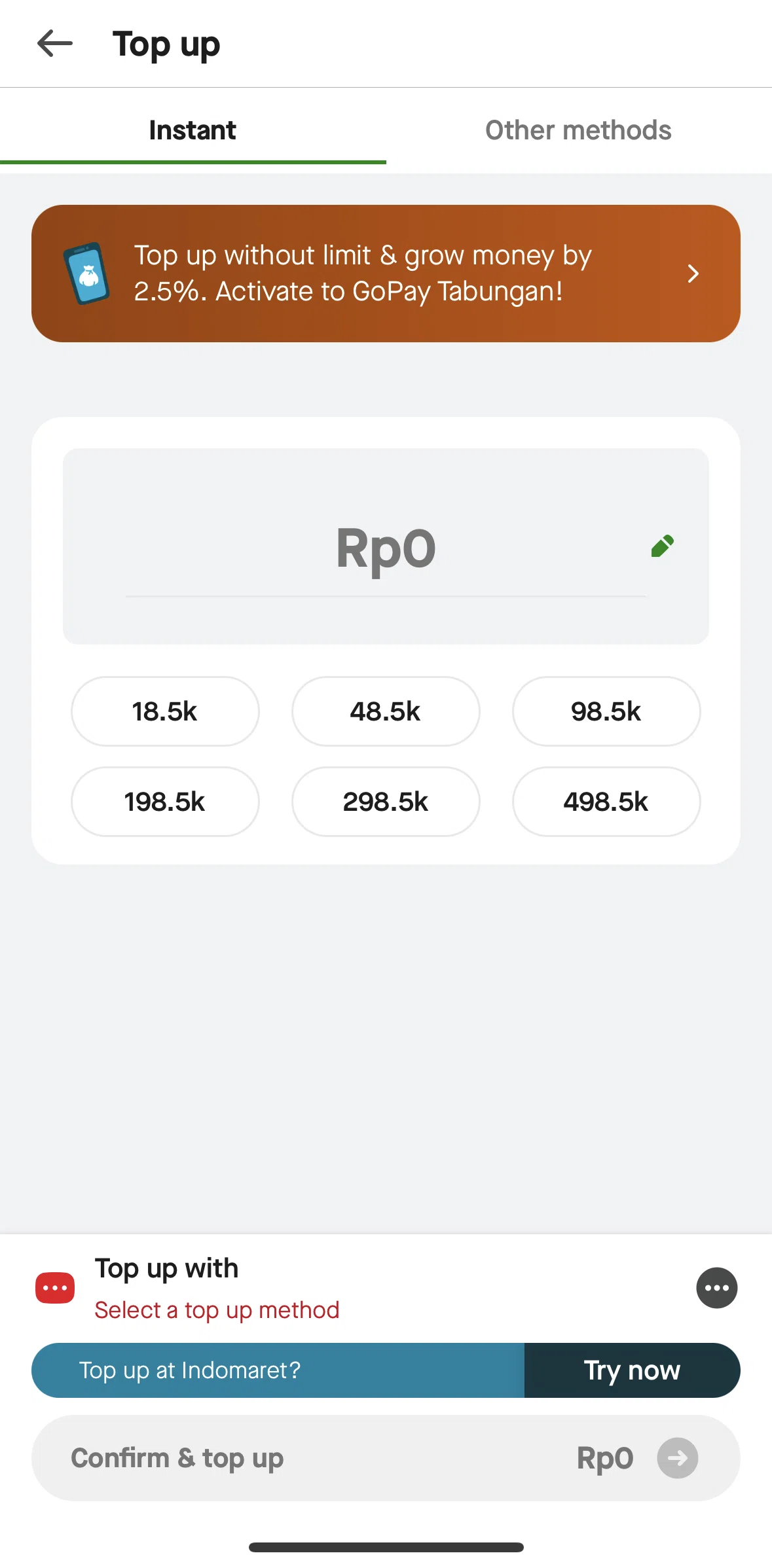 Gojek Screen screen in the Other top-up methods flow