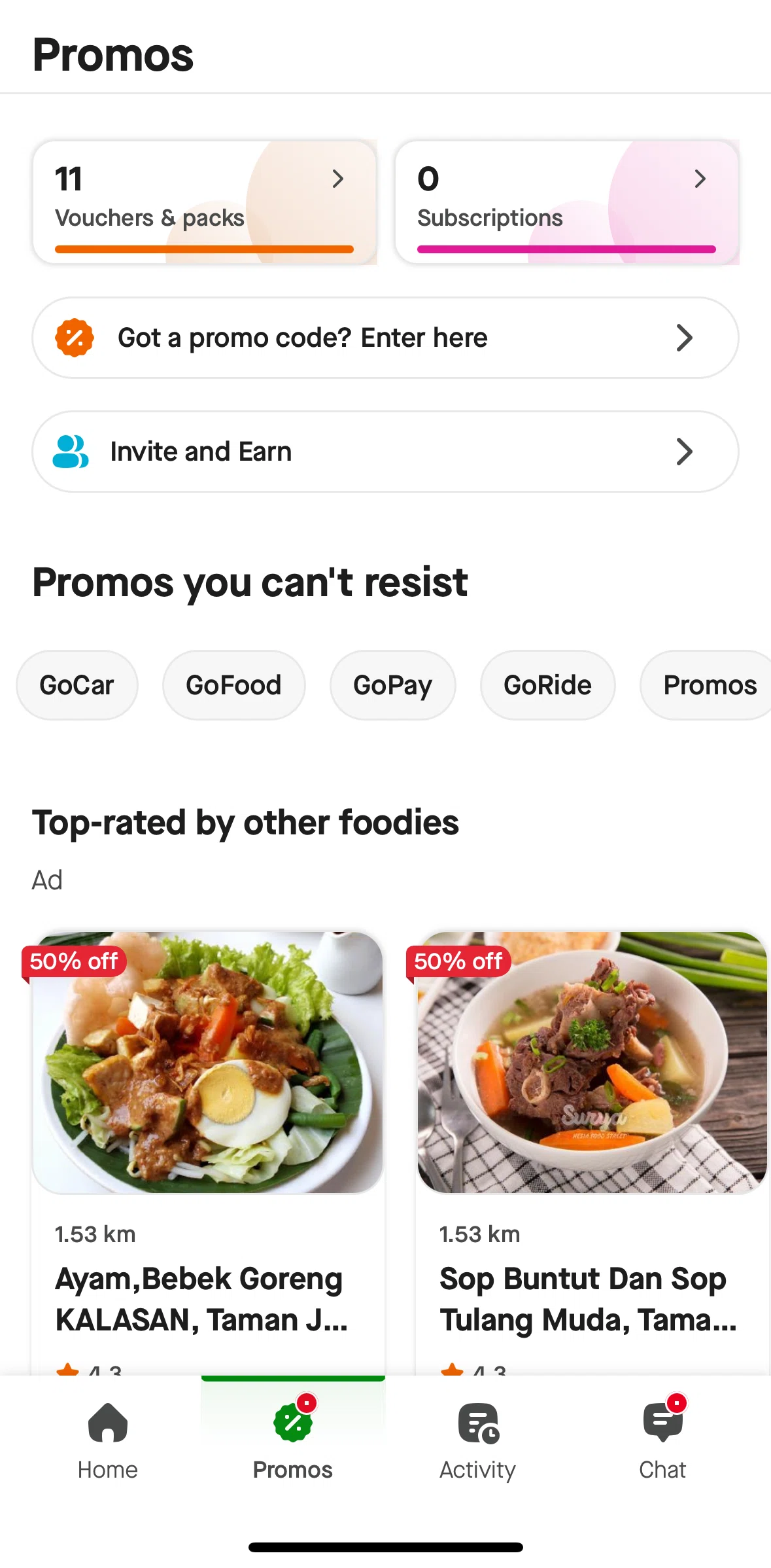 Gojek Screen screen in the Promo code flow