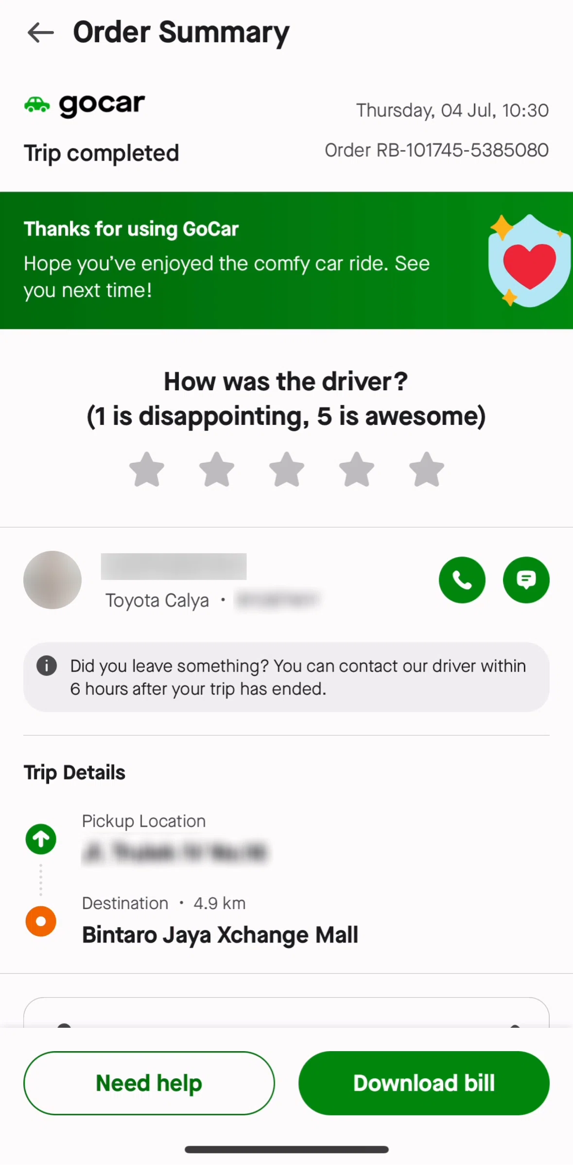 Gojek Screen screen in the Rating a driver flow