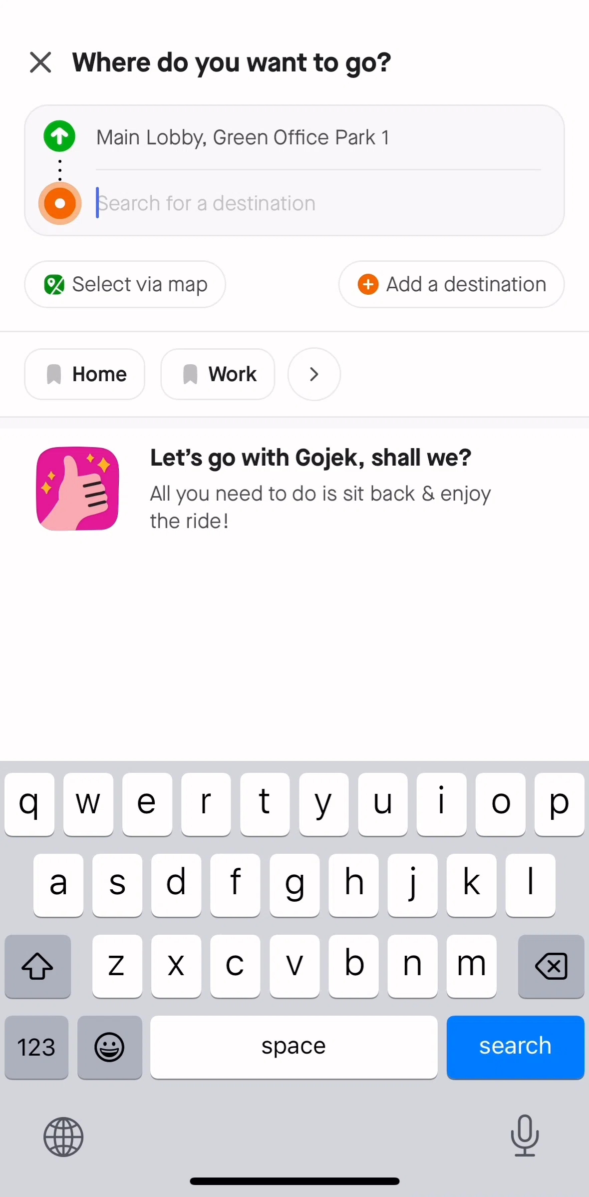 Gojek Screen screen in the Setting destination on map flow