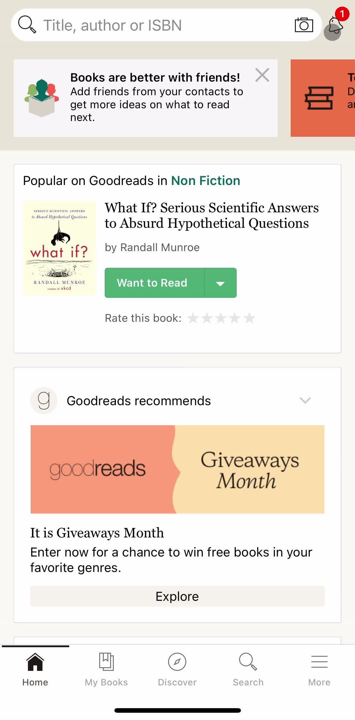 Goodreads Home screen in the Accepting A Friend Request flow