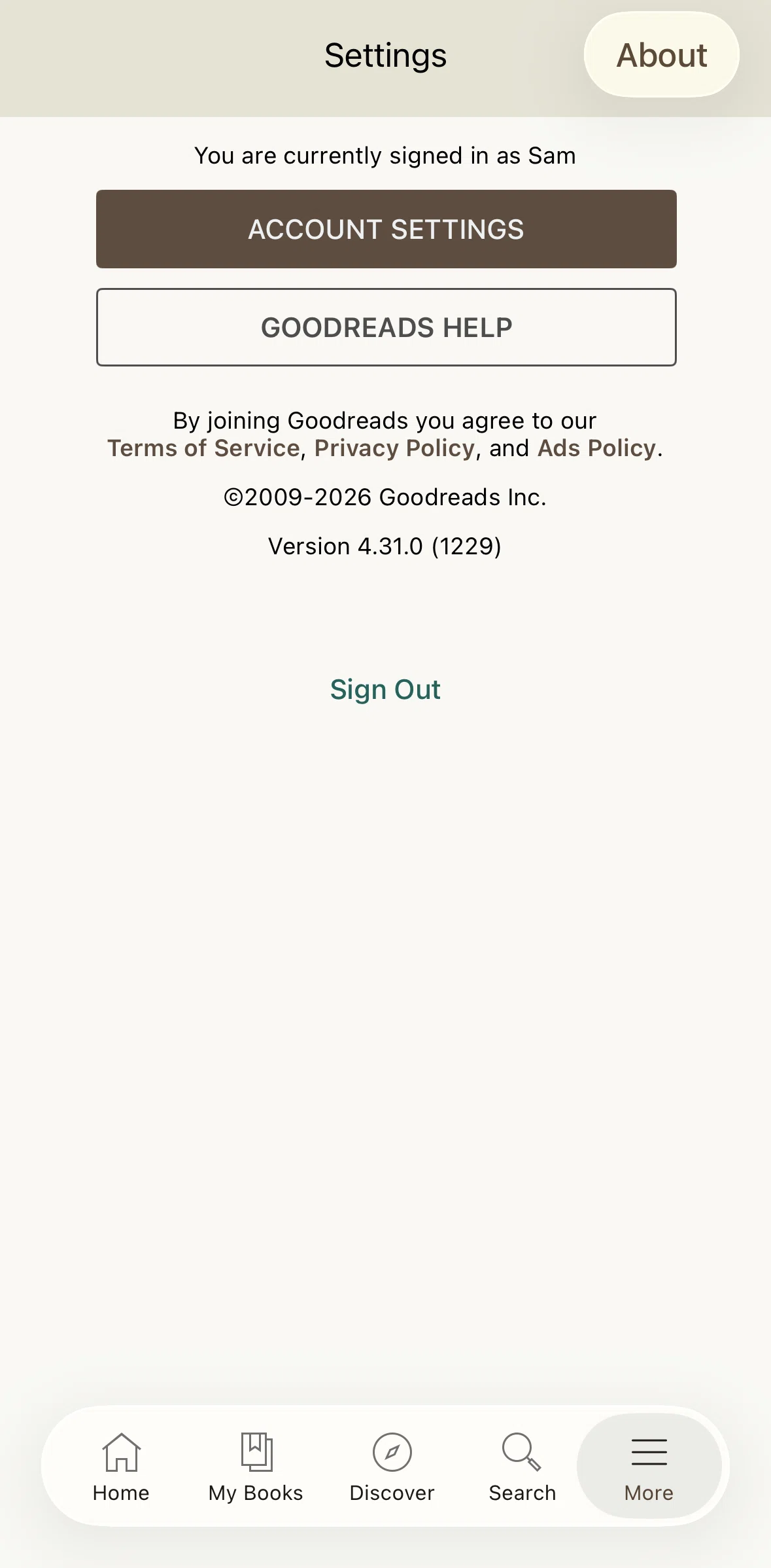 Goodreads Screen screen in the Account settings flow