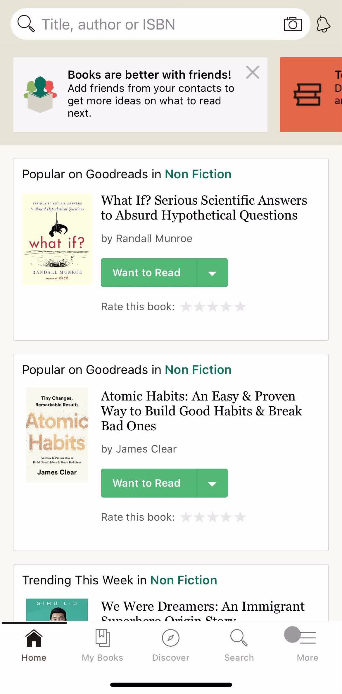 Goodreads Home screen in the Adding A Friend flow
