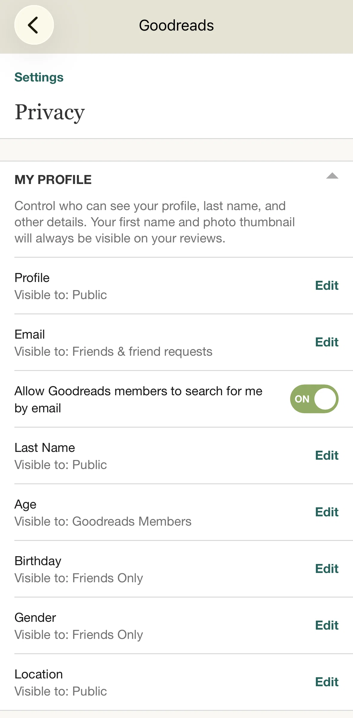 Goodreads Screen screen in the Changing privacy settings flow
