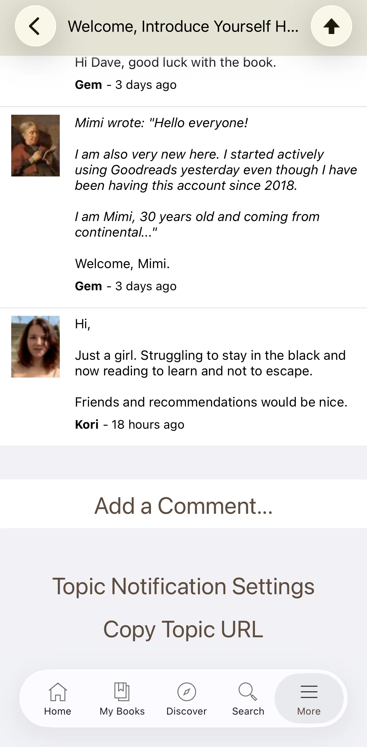 Goodreads Screen screen in the Commenting on a post flow