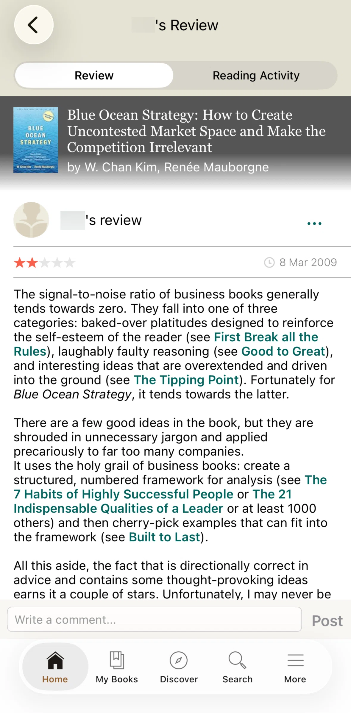 Goodreads Screen screen in the Commenting on a review flow