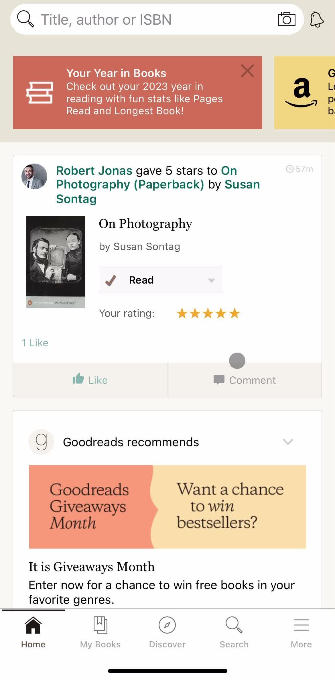 Goodreads Home screen in the Commenting flow
