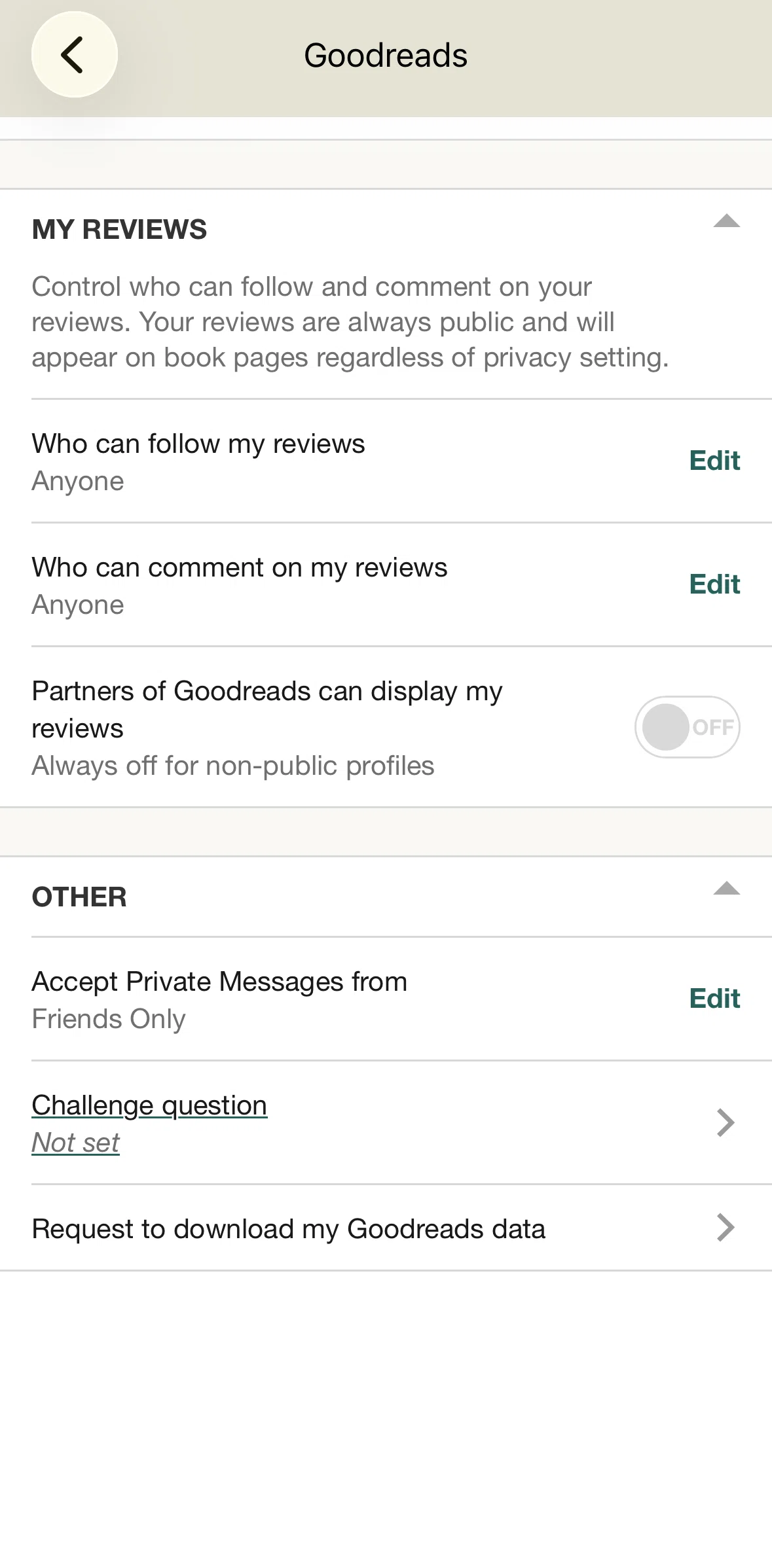 Goodreads Screen screen in the Creating a challenge question flow