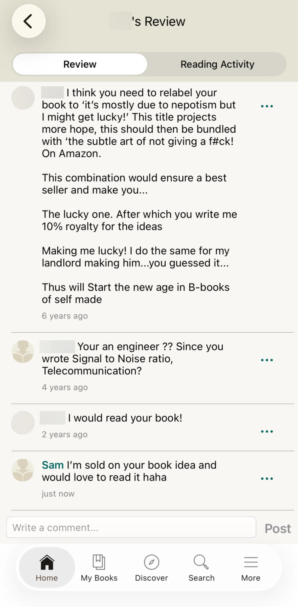 Goodreads Screen screen in the Deleting a comment flow