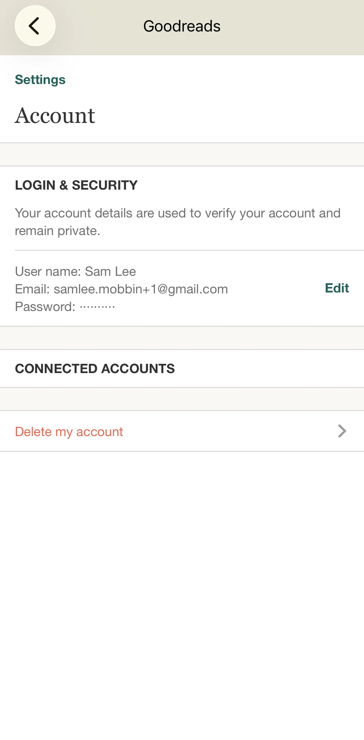 Goodreads Screen screen in the Deleting account flow