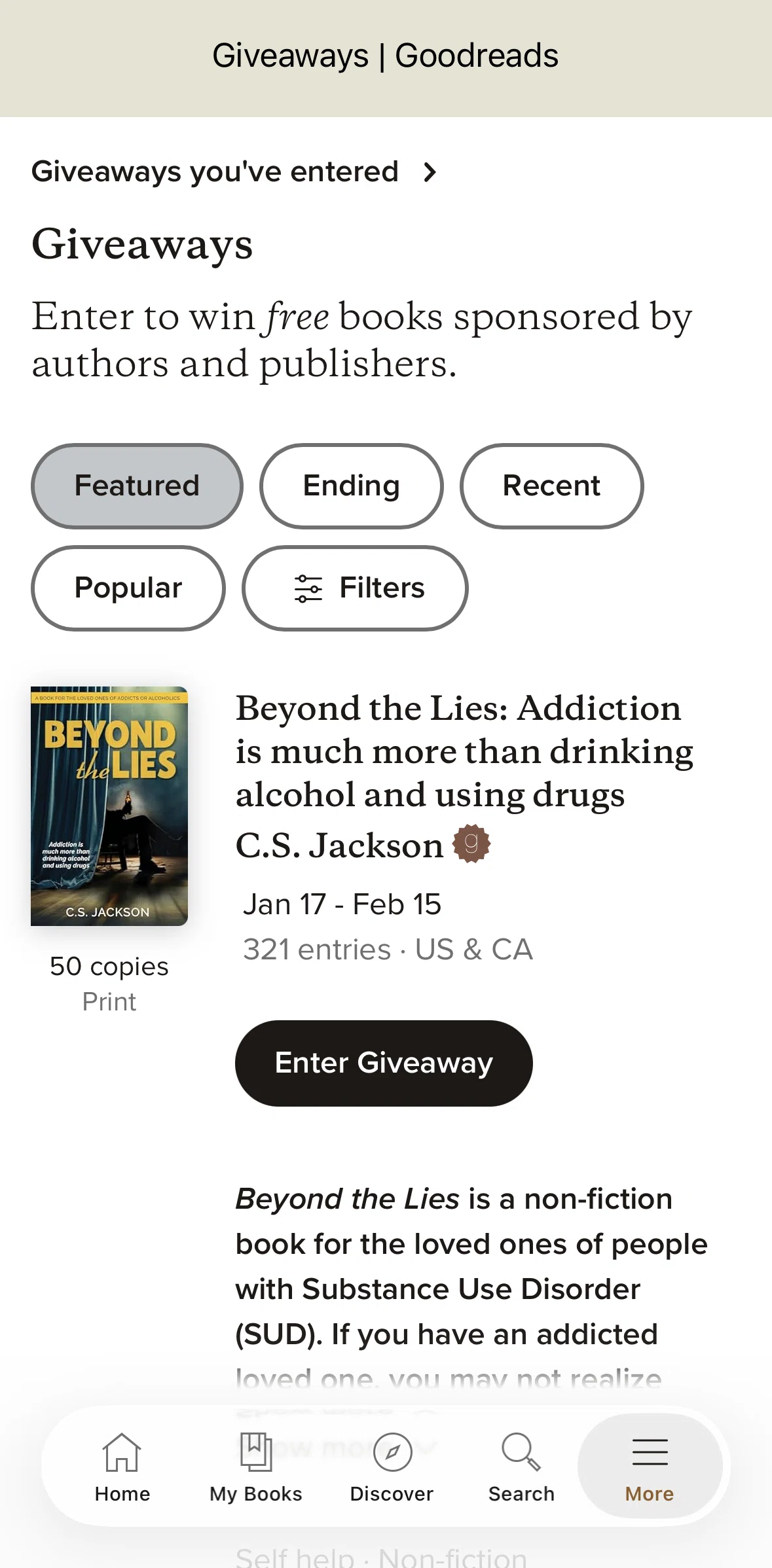 Goodreads Screen screen in the Filtering giveaways flow
