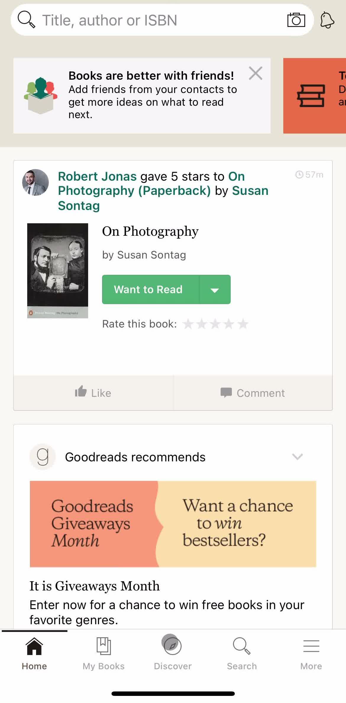 Goodreads Home screen in the Following A User flow
