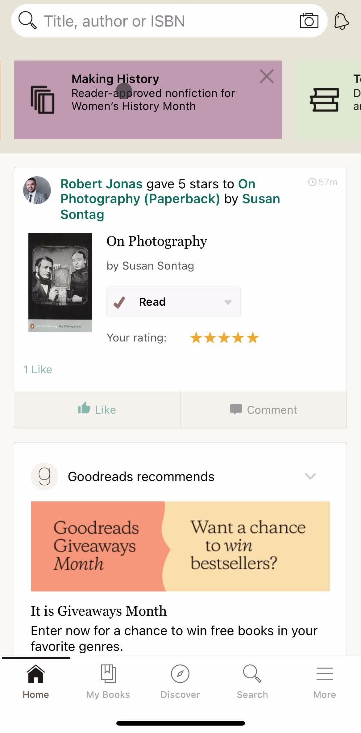 Goodreads Home screen in the General Browsing flow