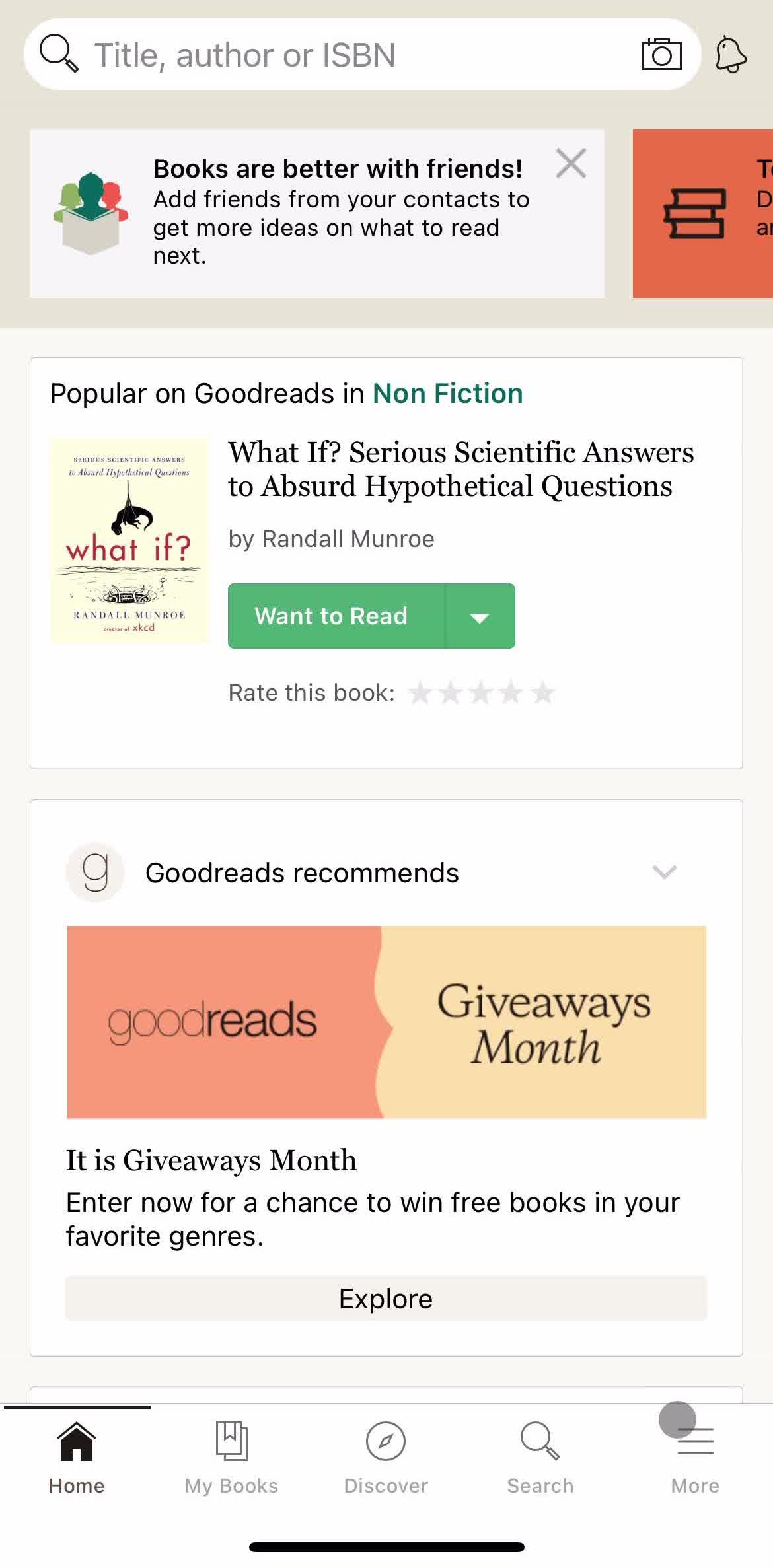 Goodreads Home screen in the Joining A Group flow