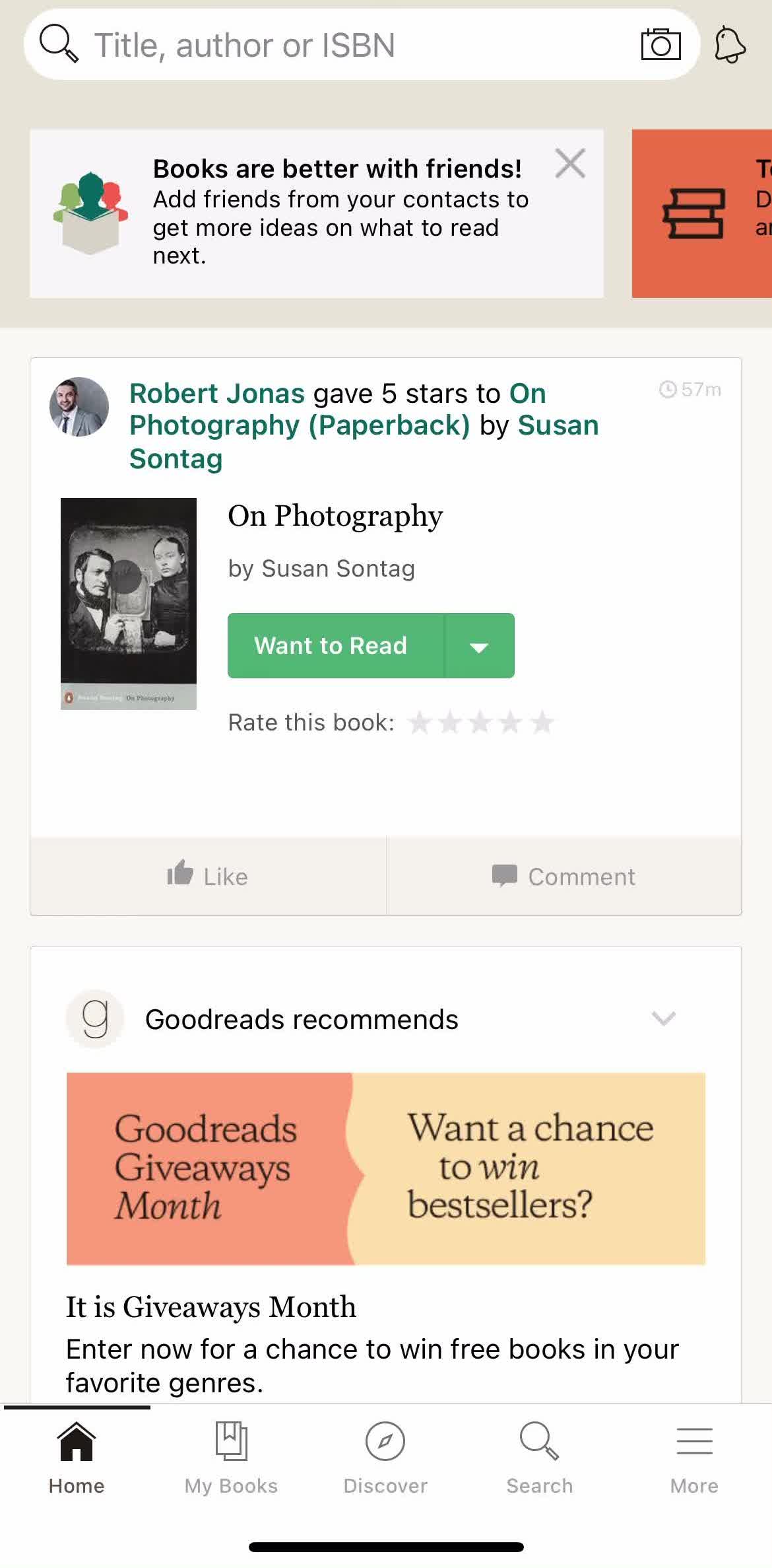 Goodreads Home screen in the Leaving A Review flow