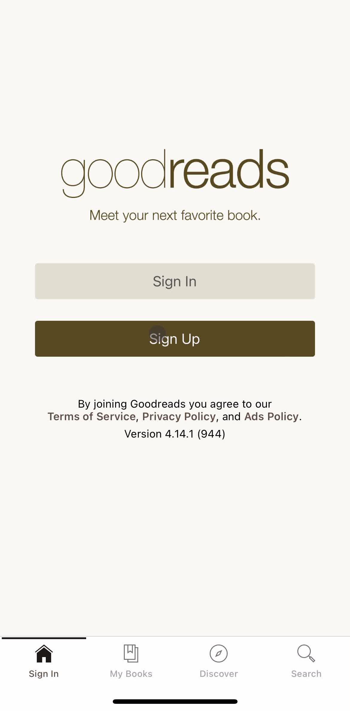 Goodreads Sign up screen in the Onboarding flow