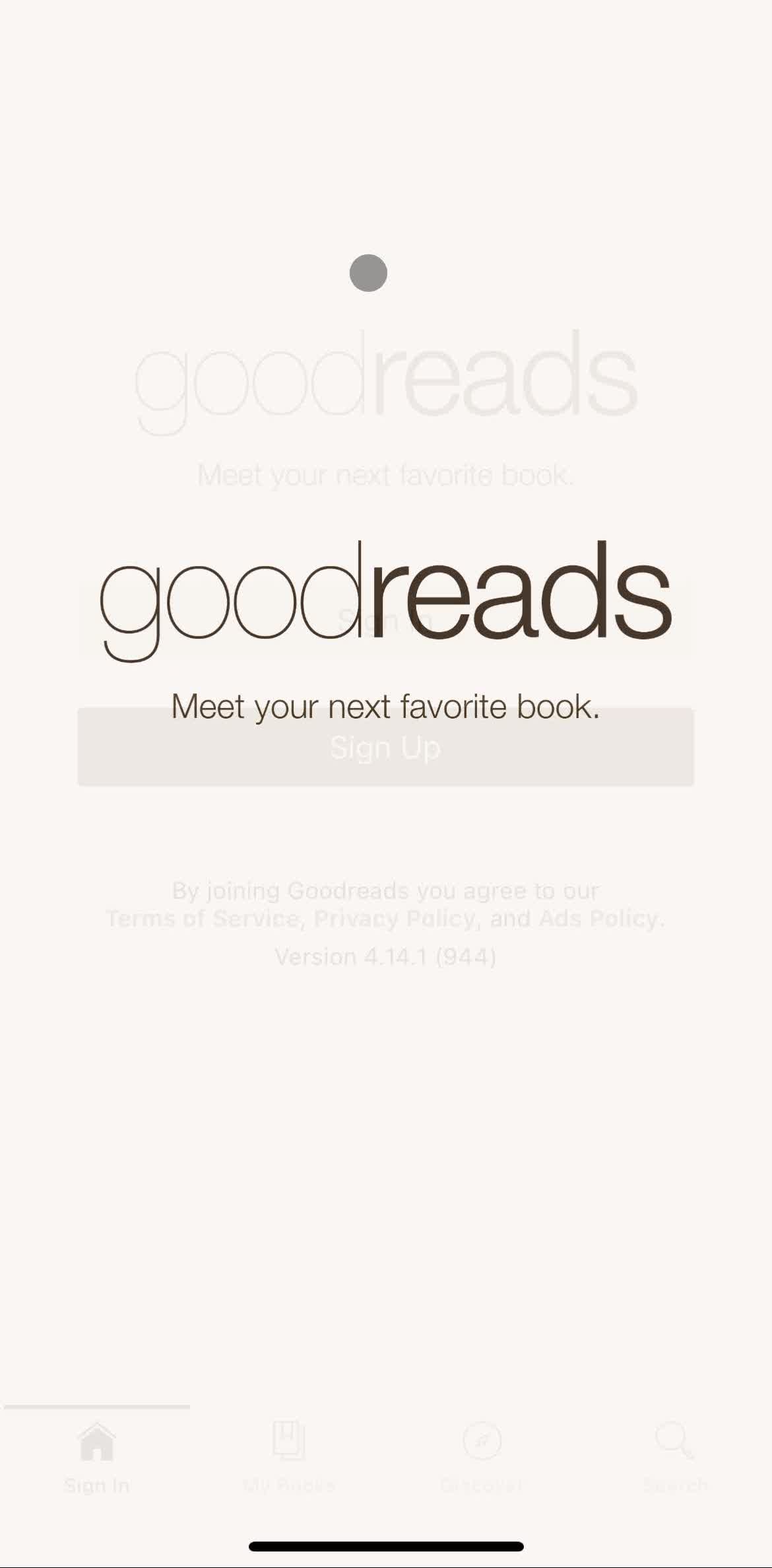Goodreads Splash screen screen in the Onboarding flow