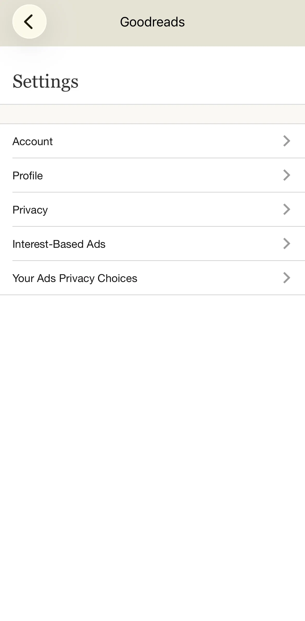 Goodreads Screen screen in the Profile (Settings) flow