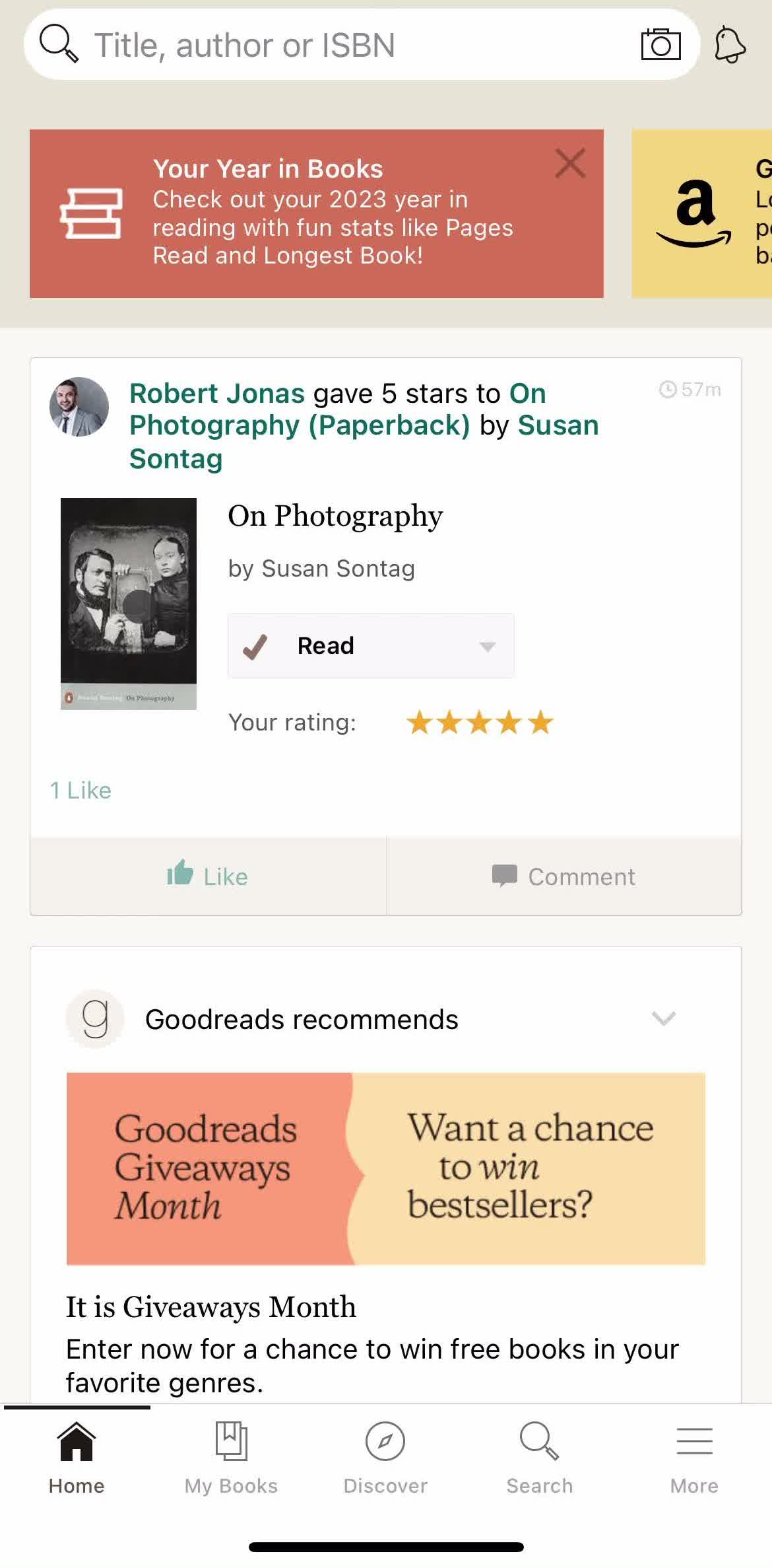 Goodreads Home screen in the Reporting A User flow