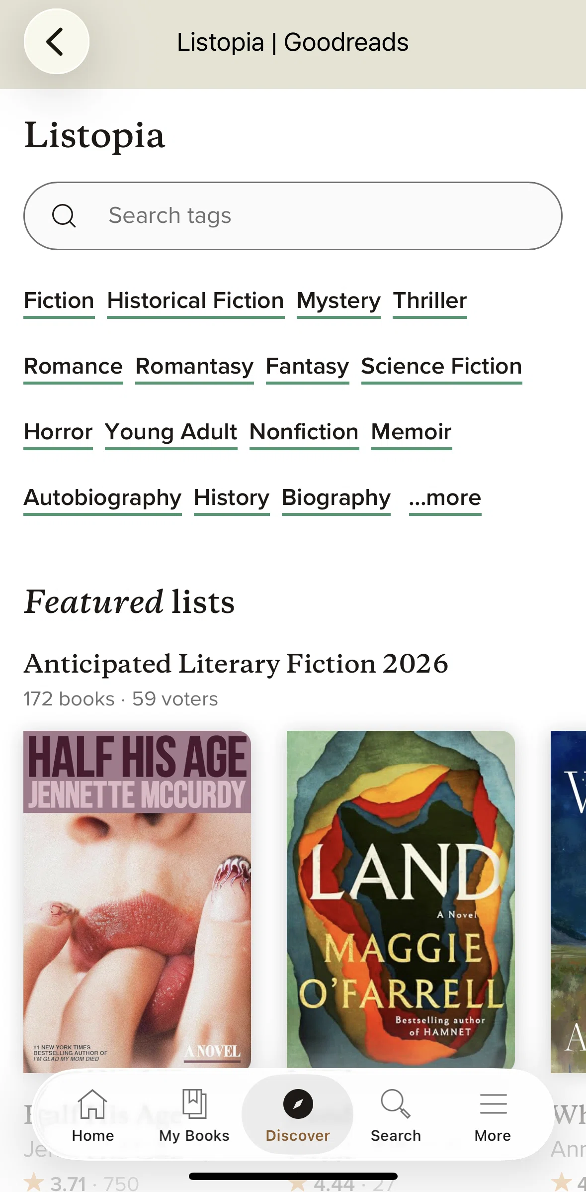 Goodreads Screen screen in the Searching tags flow
