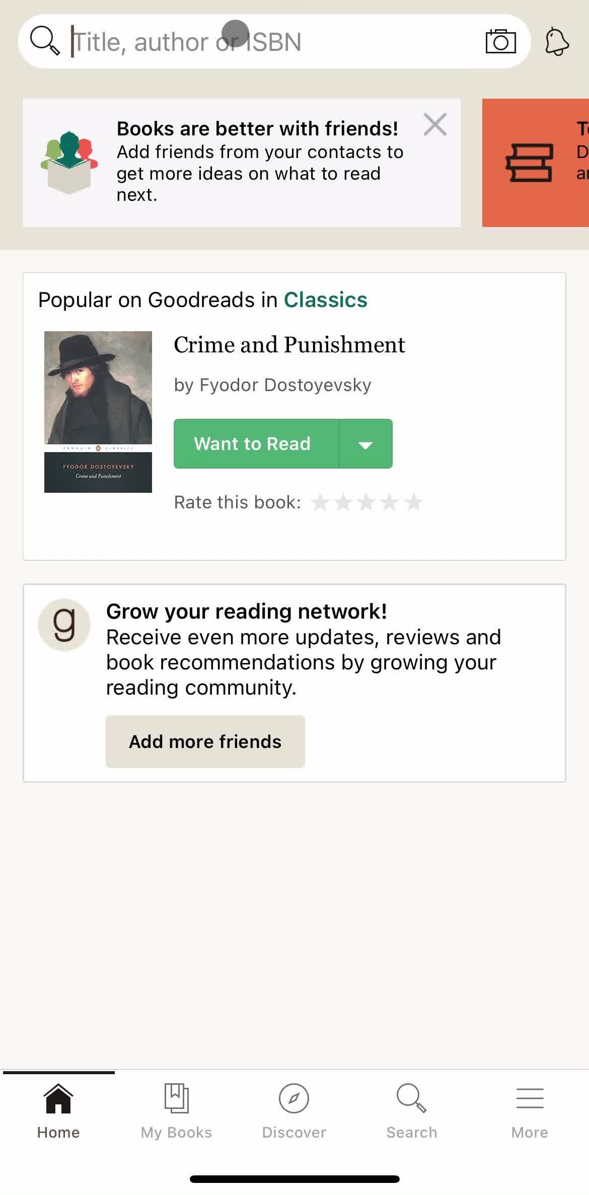 Goodreads Home screen in the Searching flow