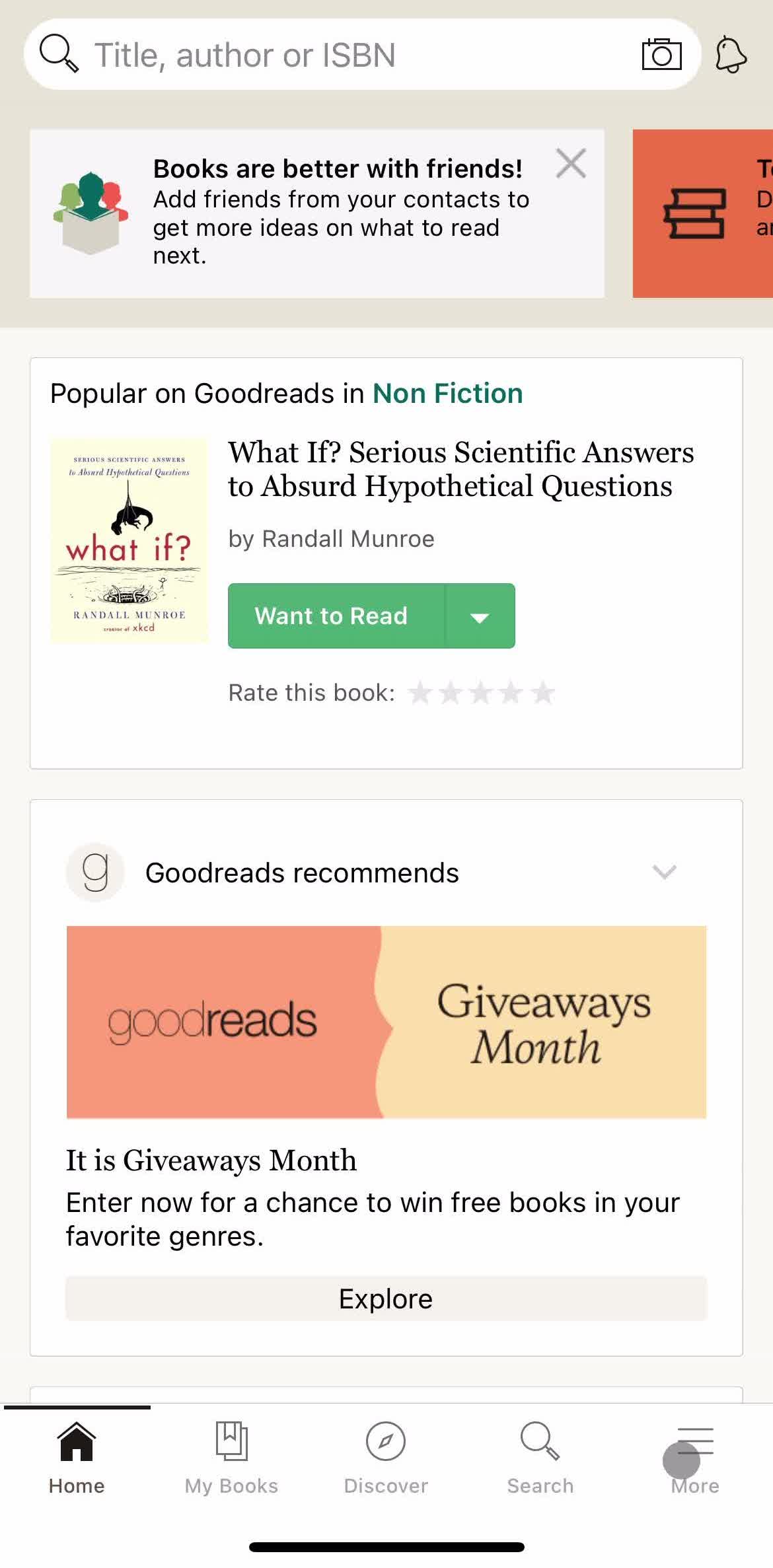 Goodreads Home screen in the Sending Messages flow